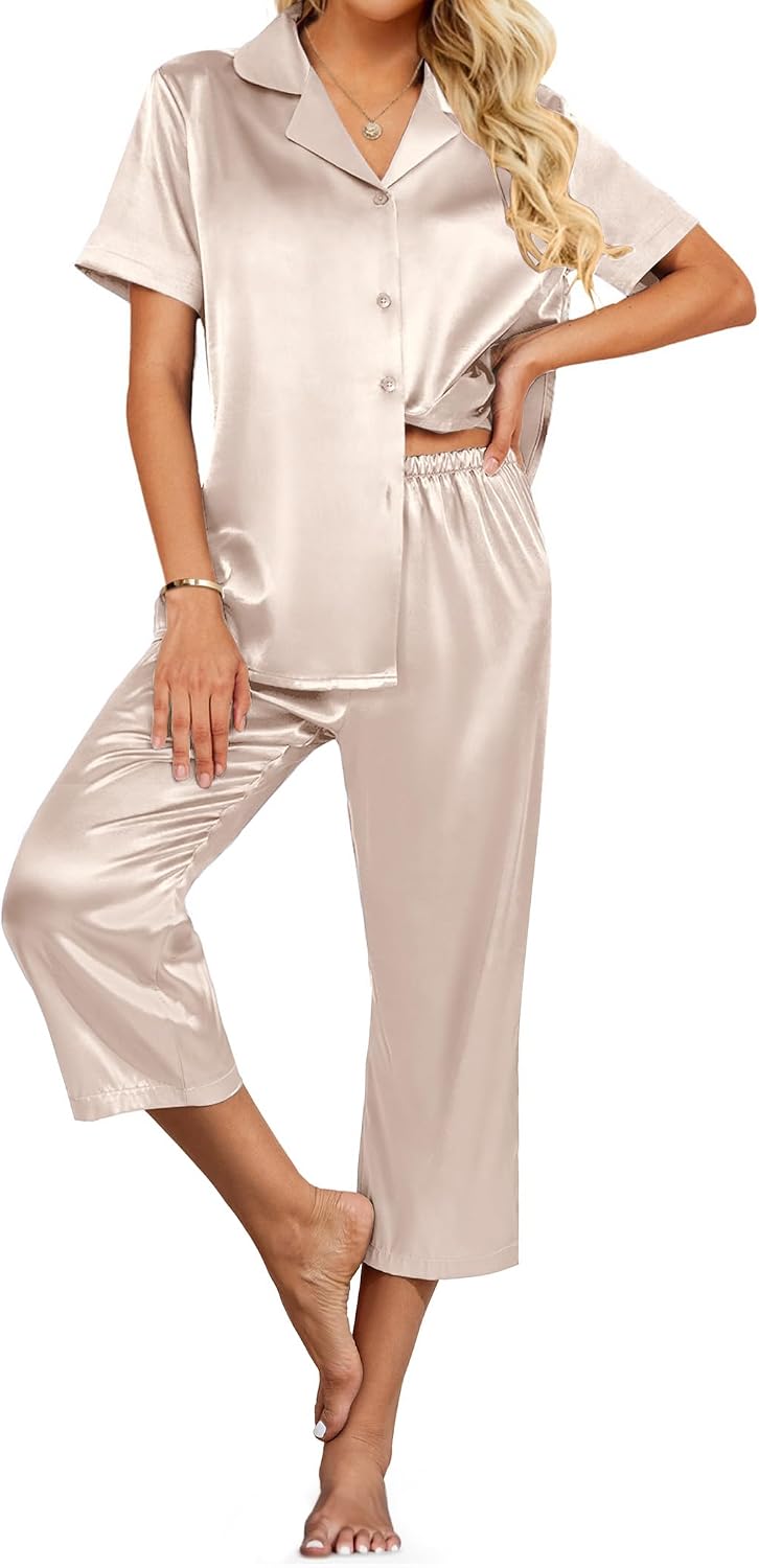 Ekouaer Womens Satin Silky Capri Pajamas Short Sleeve Button Down Sleepwear