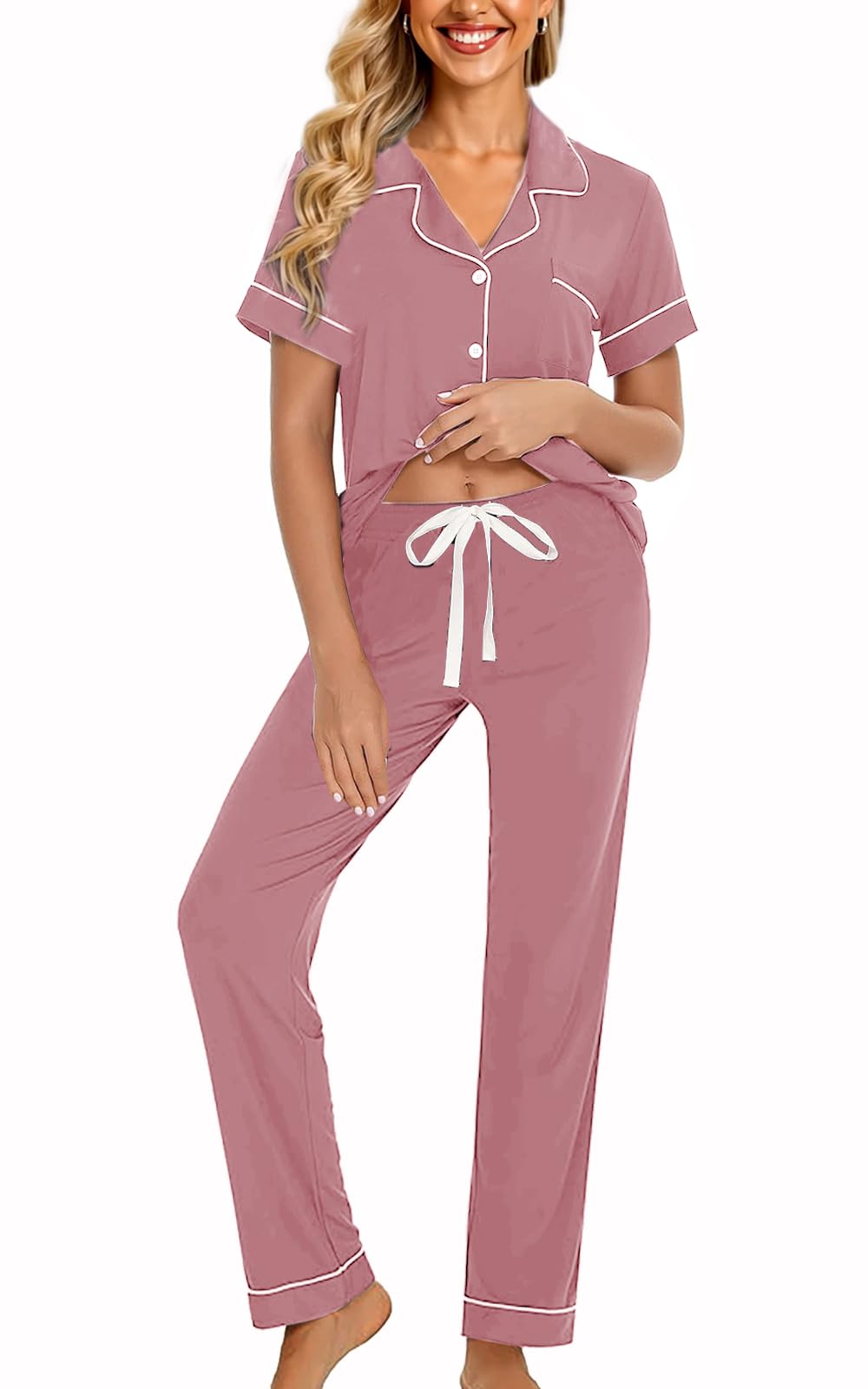 WJing Yi Jia Womens Soft Pajamas Set XS-XXL Button Down Sleepwear Short Sleeves Pajama sets with Long Pants Pj Set Nightwear