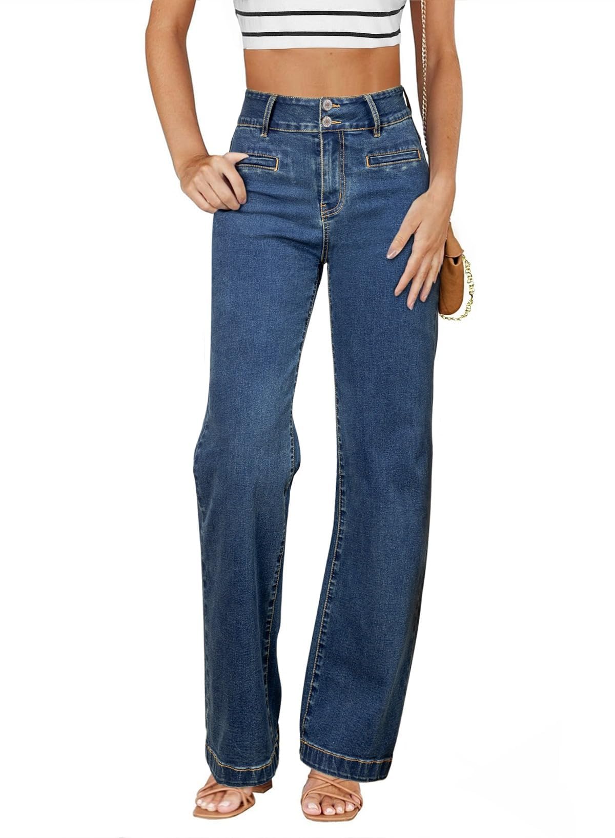 Sidefeel Women's Jeans High Waisted Straight Leg Stretchy Jeans Trendy Loose Wide Leg Zimbaplatinum Denim Pants with Pockets