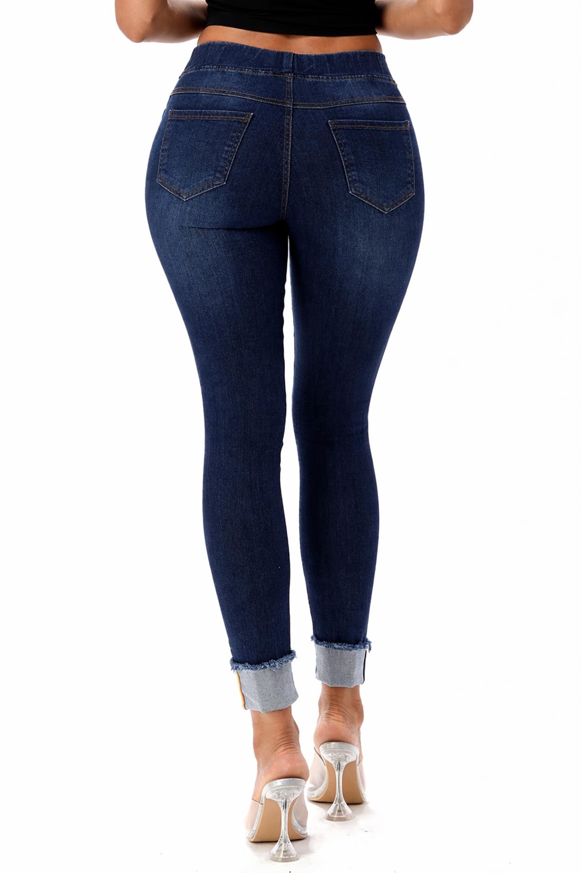 Jvini Women’s Stretch Denim Pull On Jeans with Pockets – Ripped Distressed Elastic Waist Jeggings Skinny Denim Pants