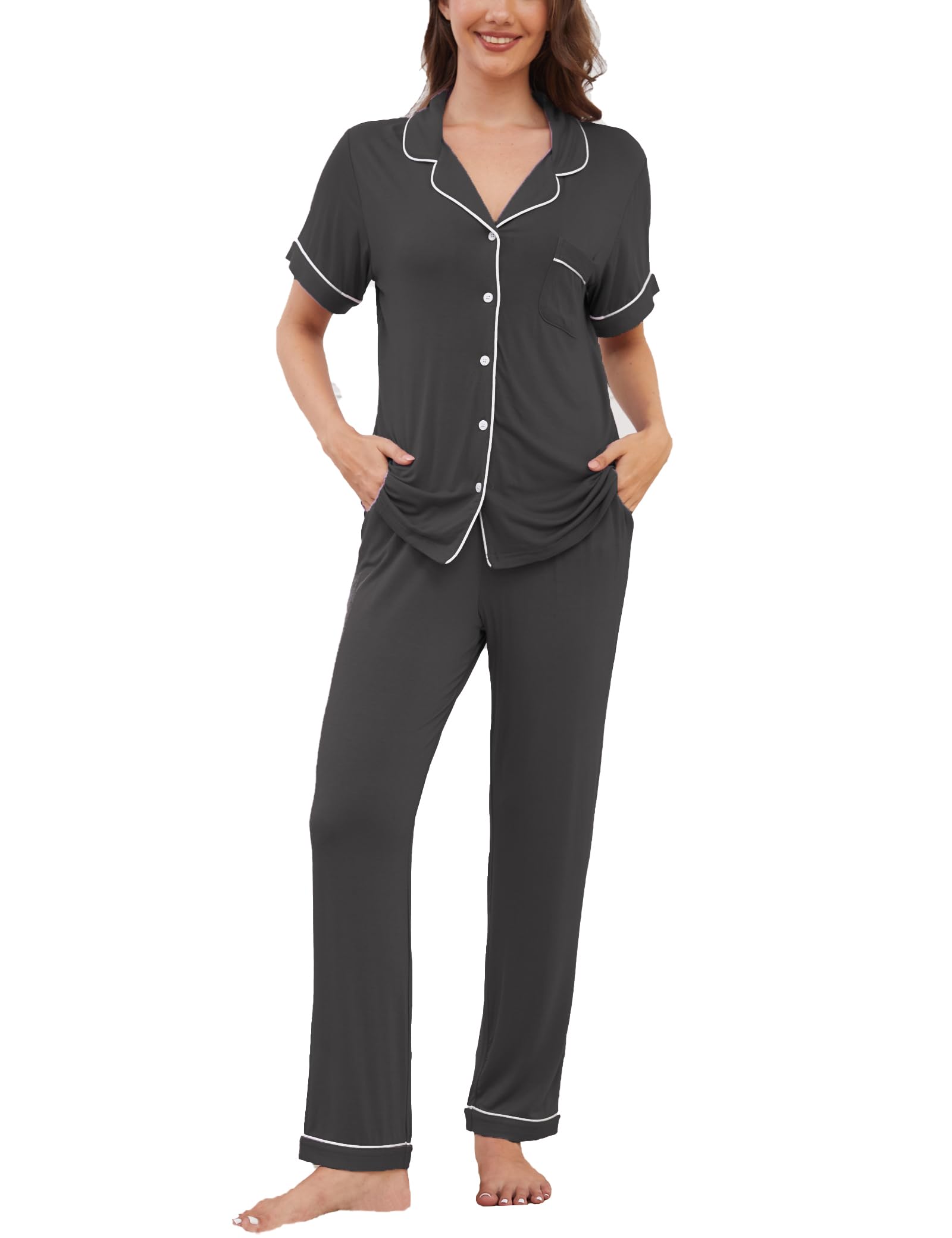 Womens Pajama Set Soft Pjs Short Sleeve Sleepwear with Long Pants 2 Piece Lounge Sets S-XXL