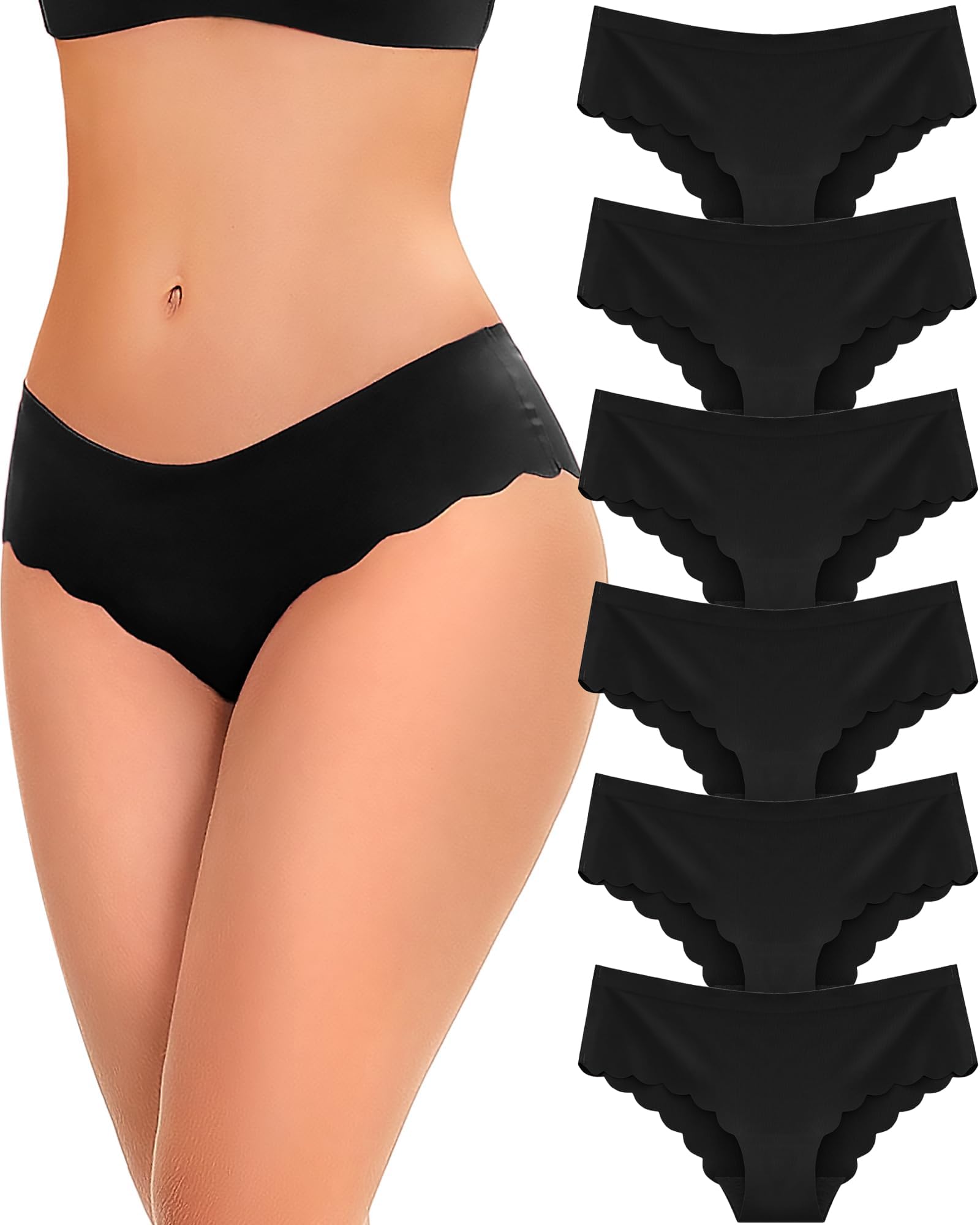 FINETOO 6 pack Seamless Underwear for Women Sexy Low Rise Hipster Wave Edge No Show Bikini Panties Womens Cheeky S-XL