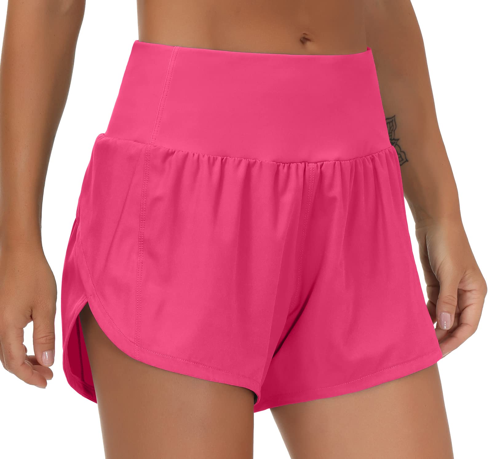 THE GYM PEOPLE Women's High Waisted Running Shorts Quick Dry Workout Shorts | High Waist, Slim Fitted, Built-in Mesh Lined, Back Zipper Pockets, Lightweight, Breathable, Side Slit