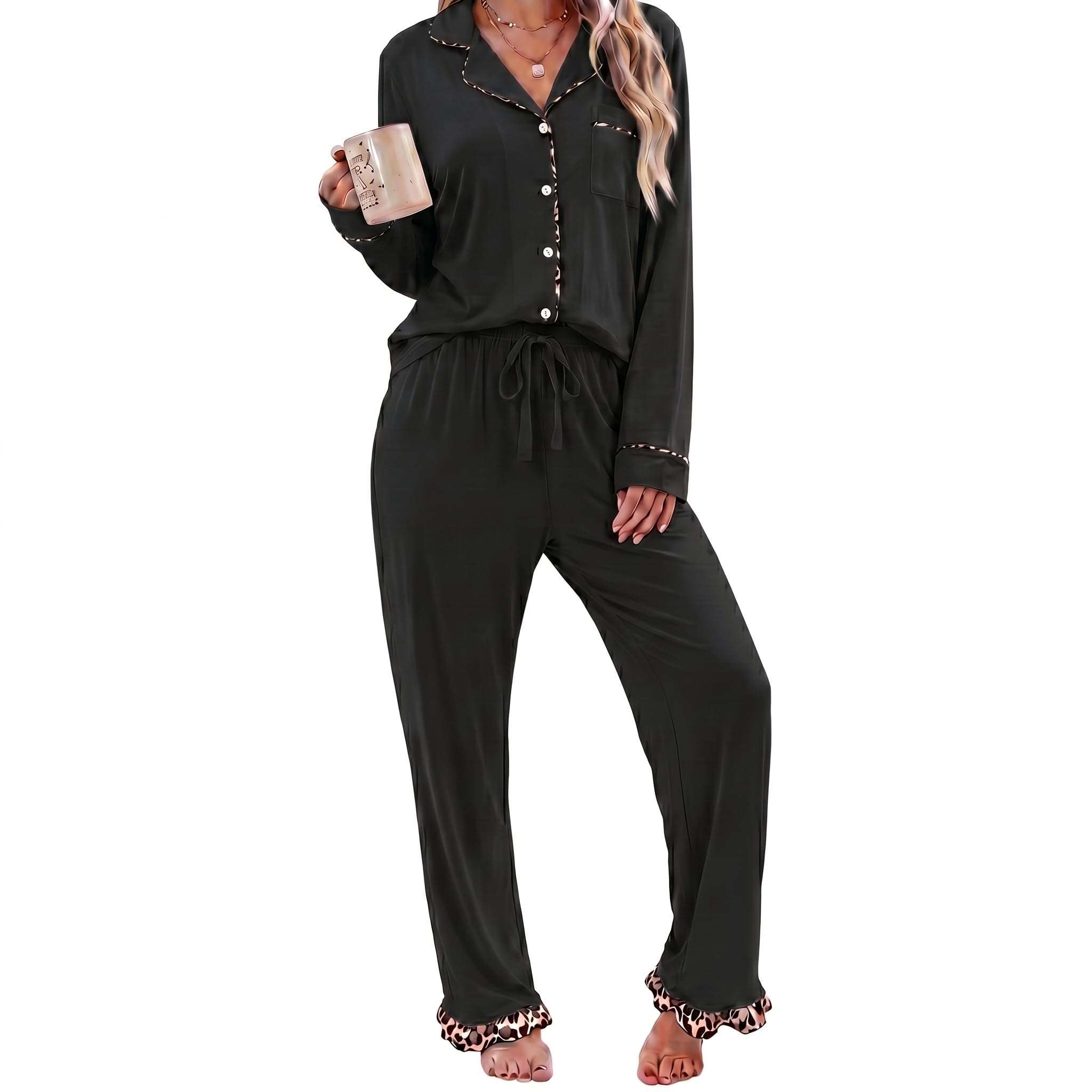 RONGTAI Women Summer Pjs Sets Long Sleeve Button Down Leopard Pajama Sets Ruffle Hem Loungeset Soft Sleepwear