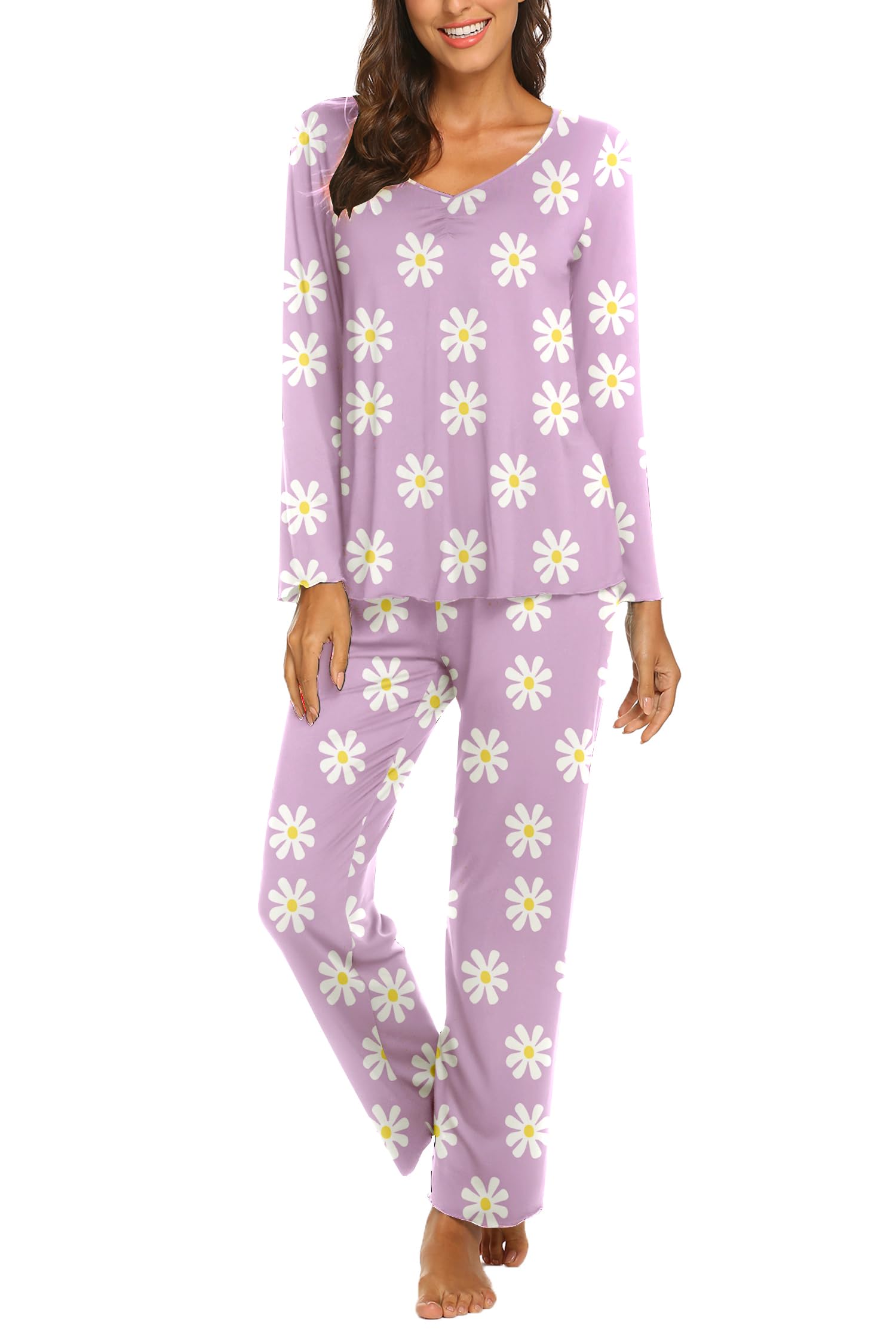 Ekouaer Pajamas for Women Set Long Sleeve Pleated Top and Pants Loungewear