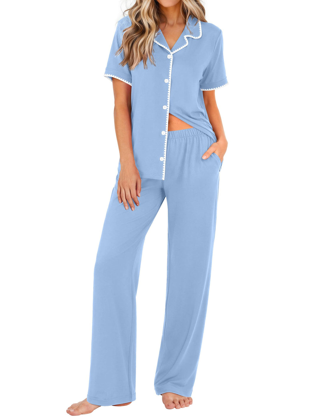 Ekouaer Womens Pajamas Set Button Down Loungewear Short Sleeve Pants Pjs