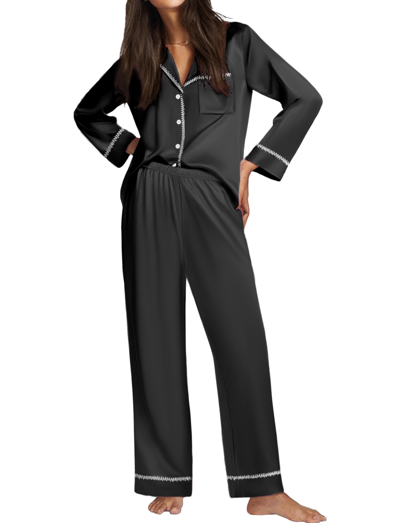 Ekouaer Satin Pajama Set for Women Silk Sleepwear Long Sleeve Top and Pants