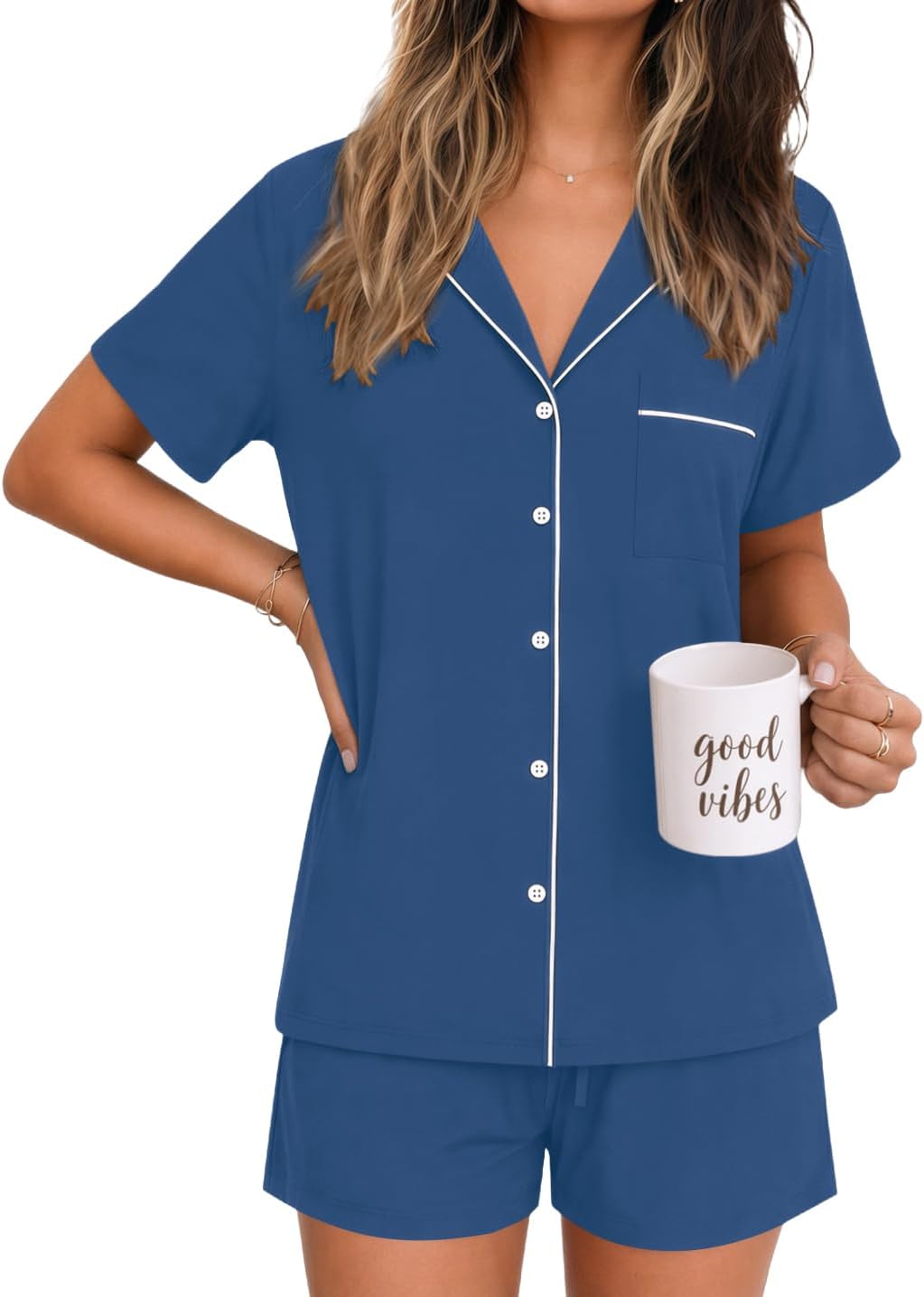 Ekouaer Womens Pajamas Set Soft Classic Notch Collar Bride Pjs Comfy Short Sleeve Sleepwear Loungewear