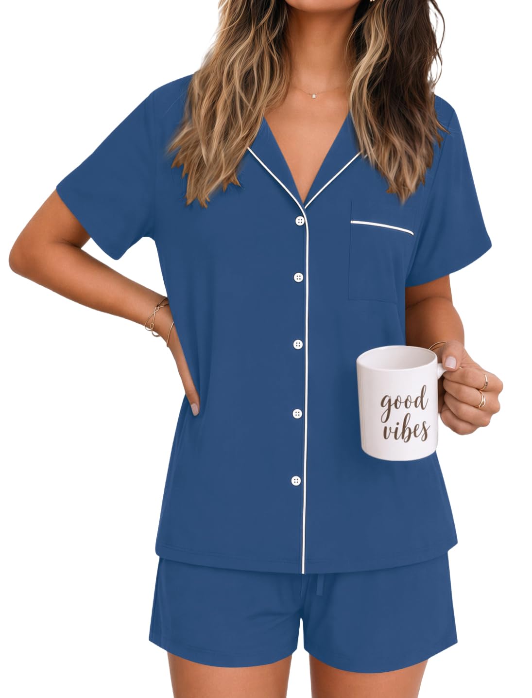 Ekouaer Womens Pajamas Set Soft Classic Notch Collar Bride Pjs Comfy Short Sleeve Sleepwear Loungewear