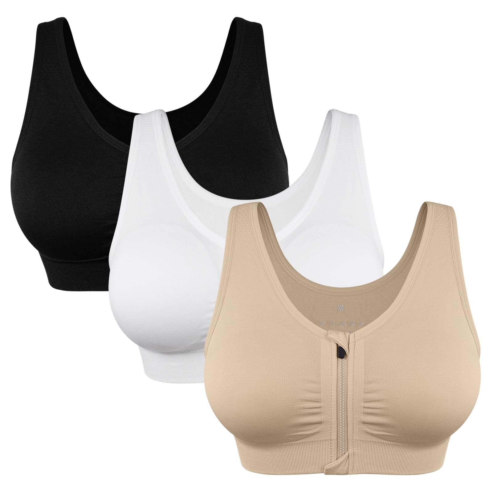 Women's Zip Front Sports Bra Wireless Post-Surgery Bra Workout Sports Bras | Zipper Front Closure, Surgical Mastectomy Bra, Post Op, Compression, Comfort, Medium Support, Active, Yoga, Removable Pads