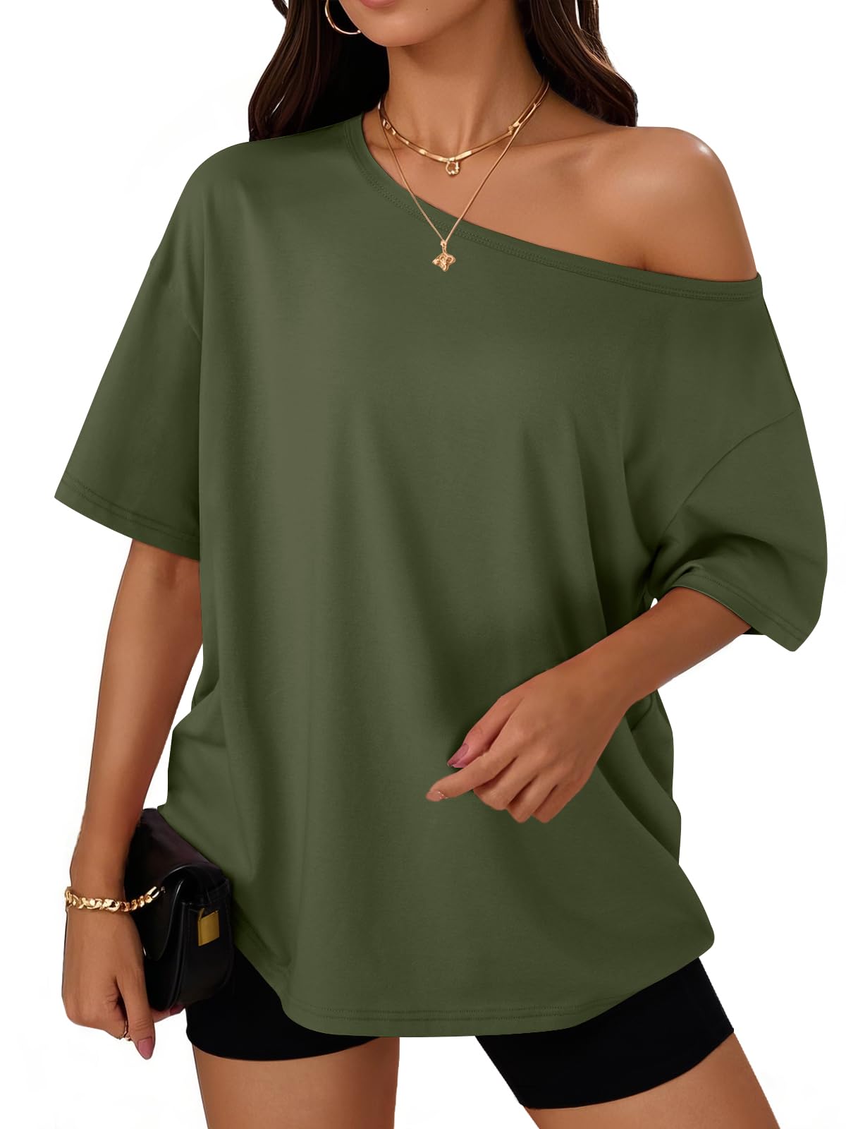 Trendy Queen Womens Off the Shoulder Tops Oversized Summer T-Shirts 2026 | Breathable comfort stretch fabric, short sleeve, basic oversized tees, casual workout gym, y2k going out clothes