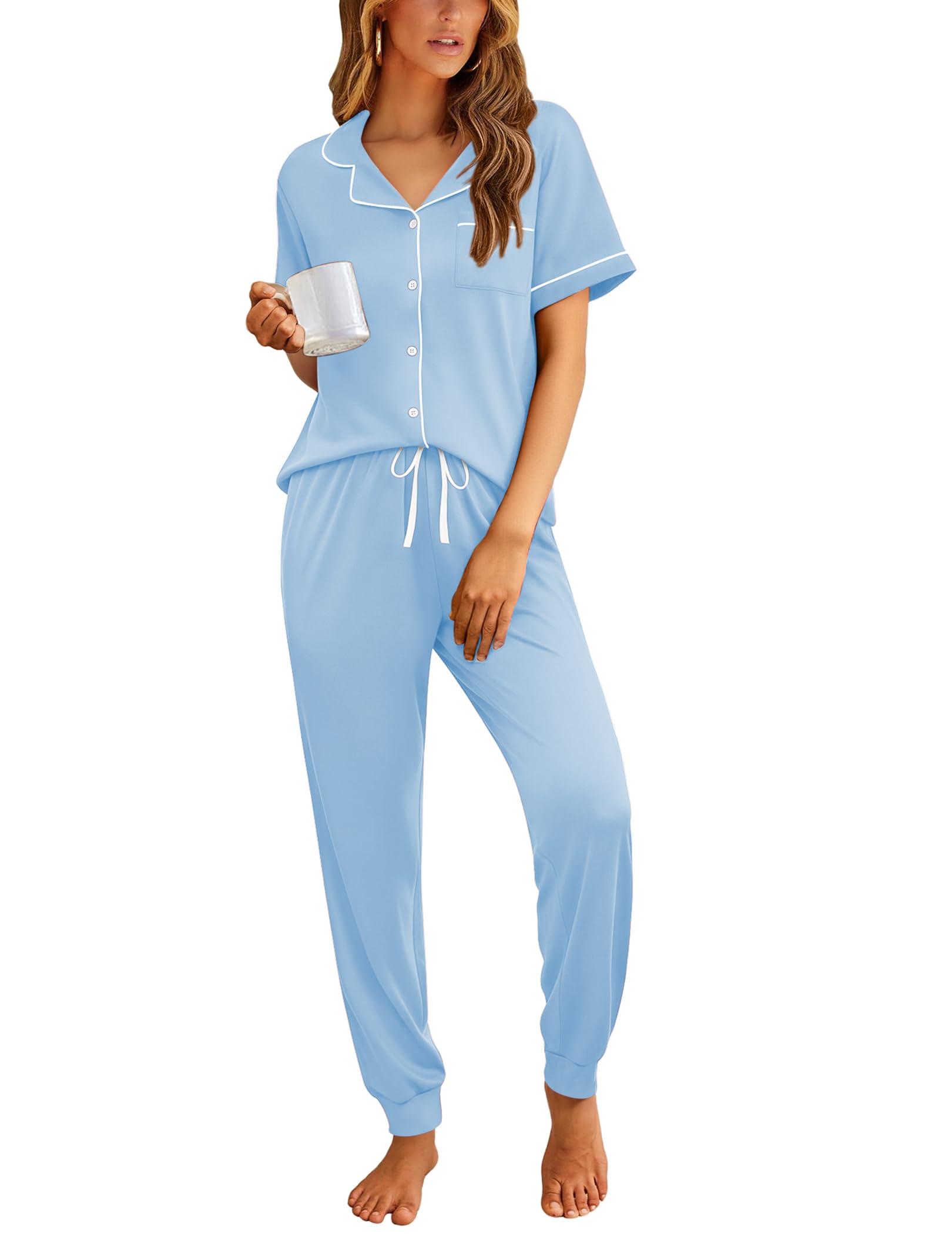 Ekouaer Women Pajama Set Short Sleeve Button Down Pjs with Jogger Pants