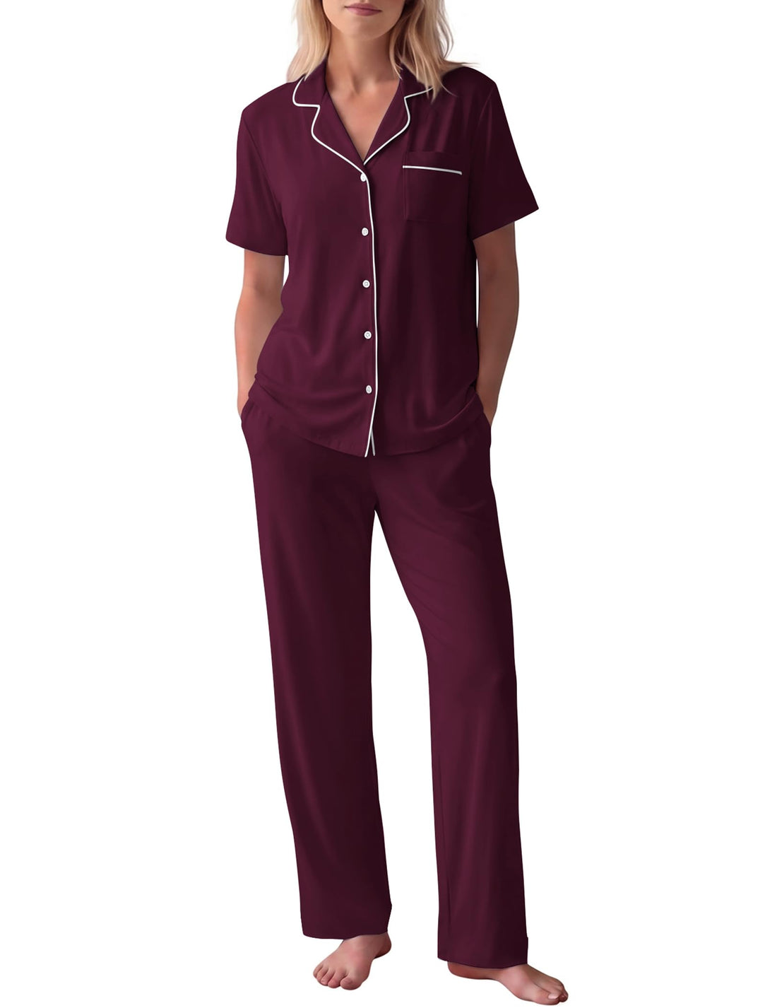 HNG Women Pajamas Set 2 Piece Button Up Pajamas Pant and Short Sleeve Shirt for Woman Pj Sets with Pocket