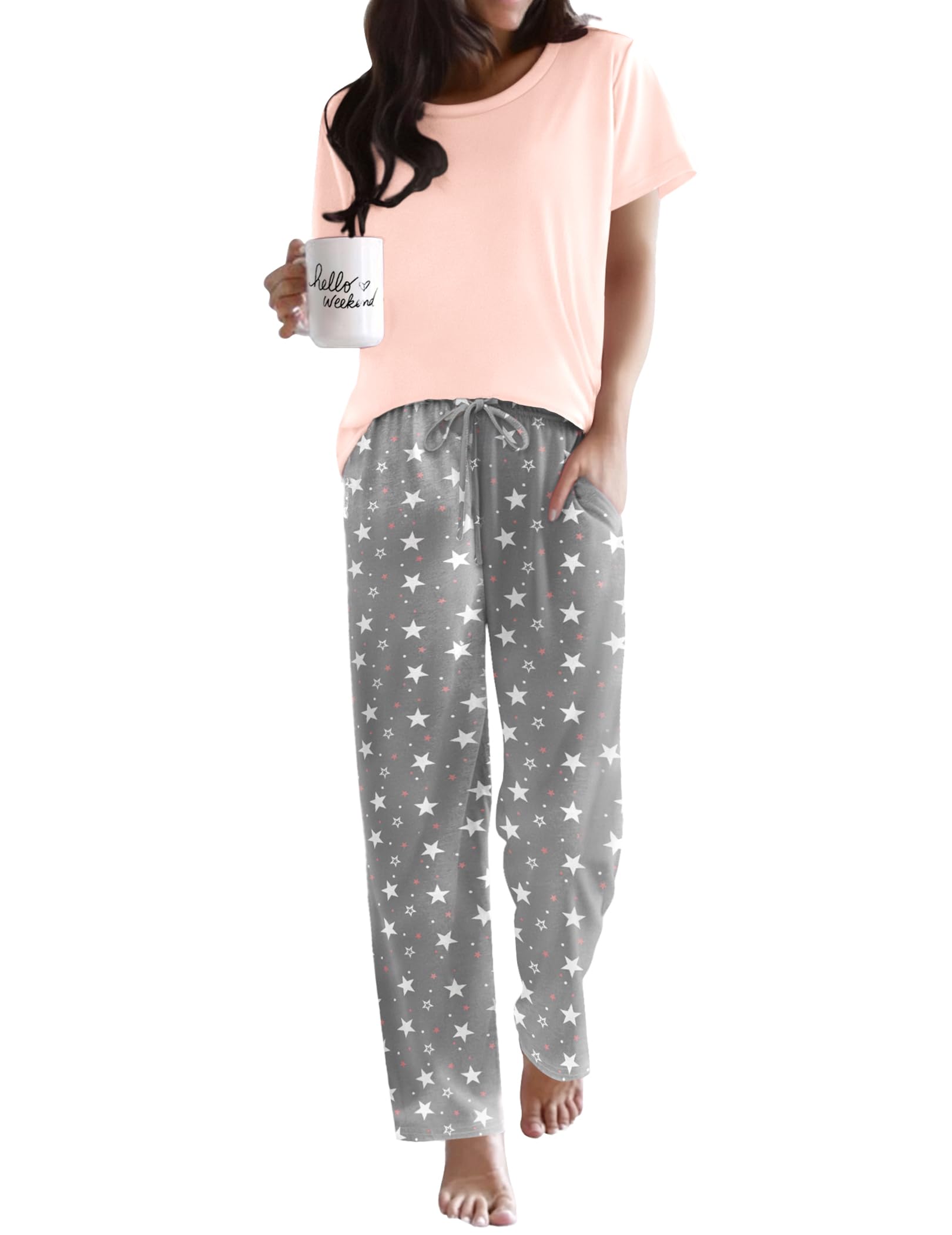Ekouaer Womens Pajamas Sets Round Neck Pjs Loose Lounge Sets Sleepwear
