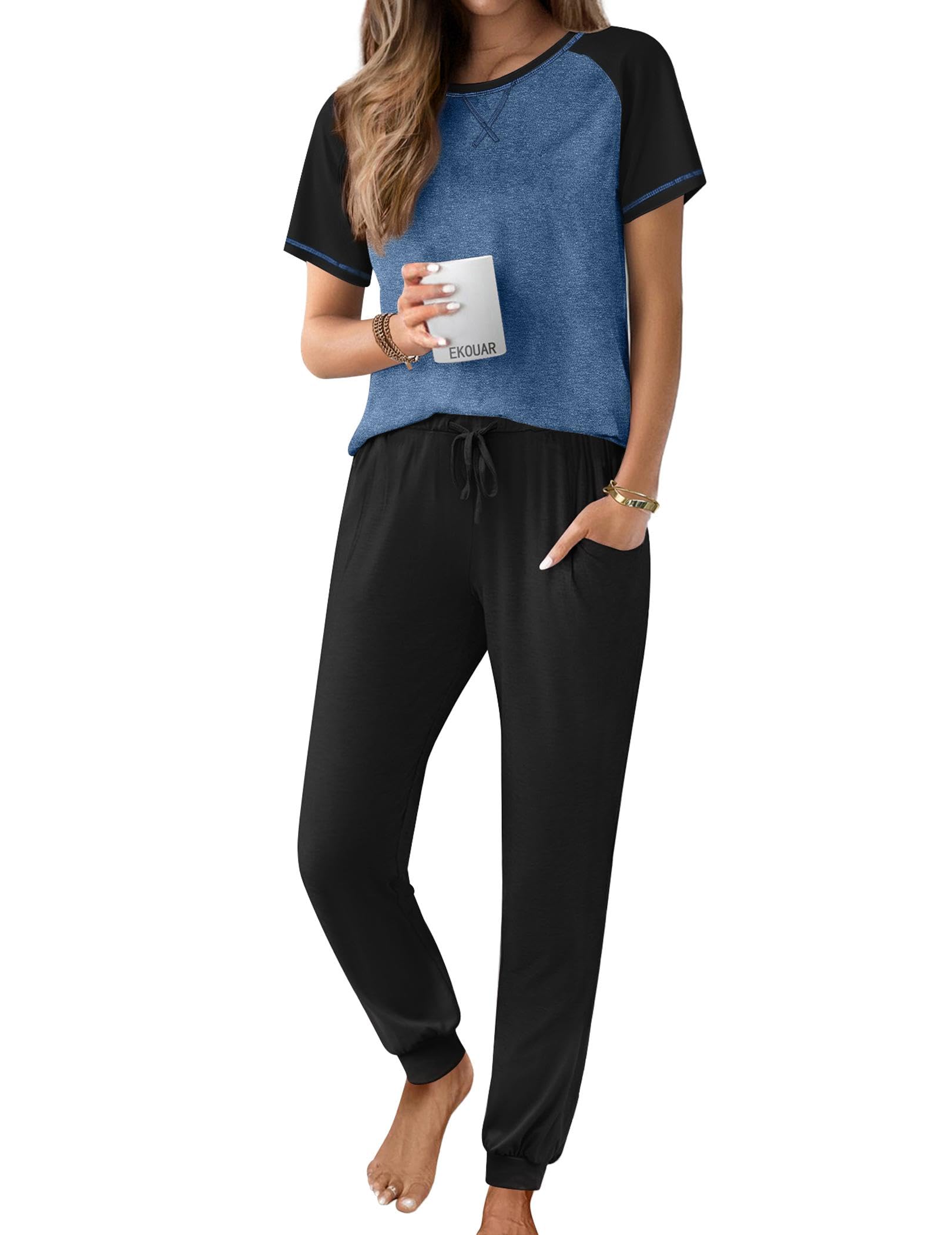 Ekouaer Pajamas for Women Set Short Sleeve PJ Set 2 Piece Jogger Pants