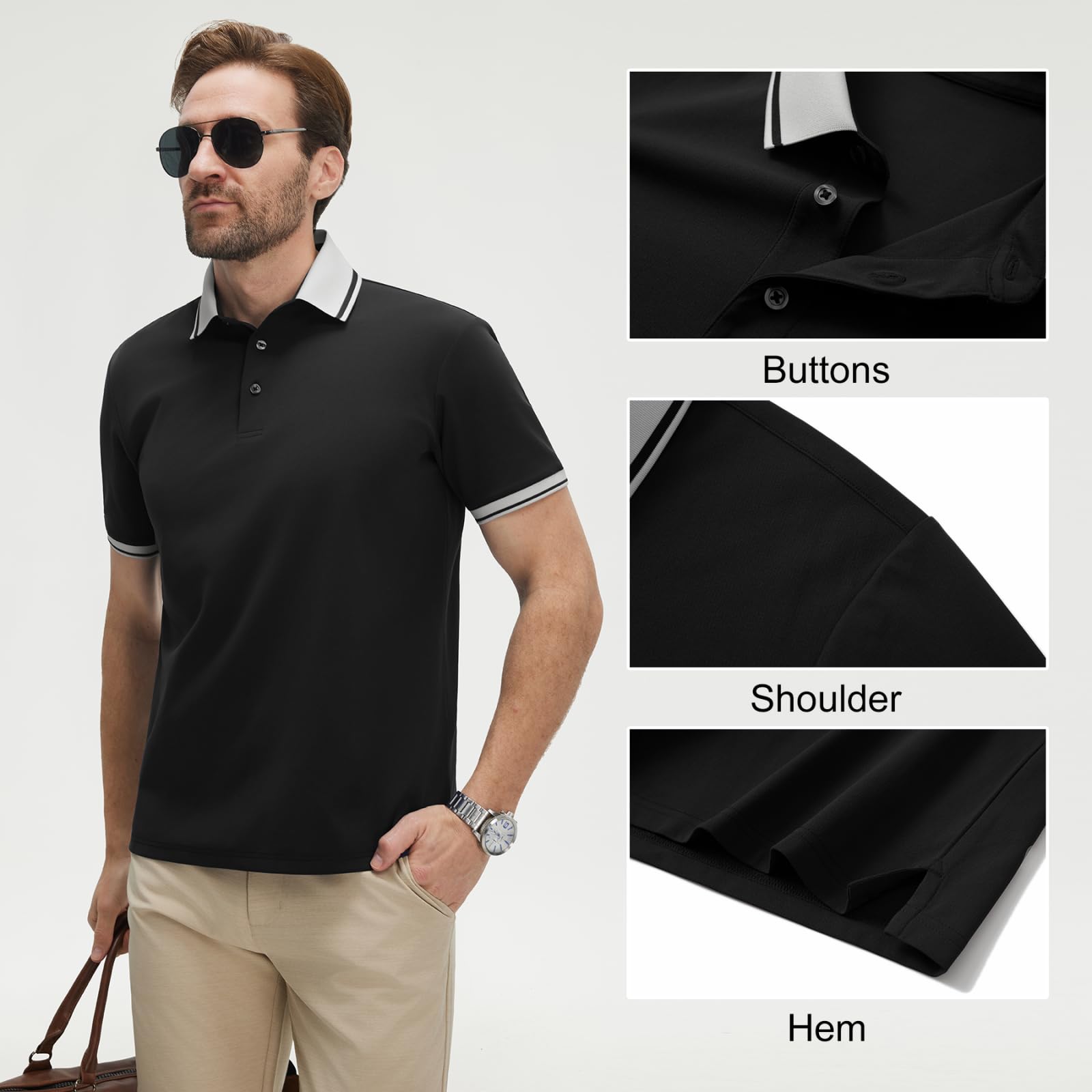 M MAELREG Golf Shirts for Men Short Sleeve with Contrast Collar & Cuffs Performance Dry Fit Stretch Solid Casual Polo Shirts