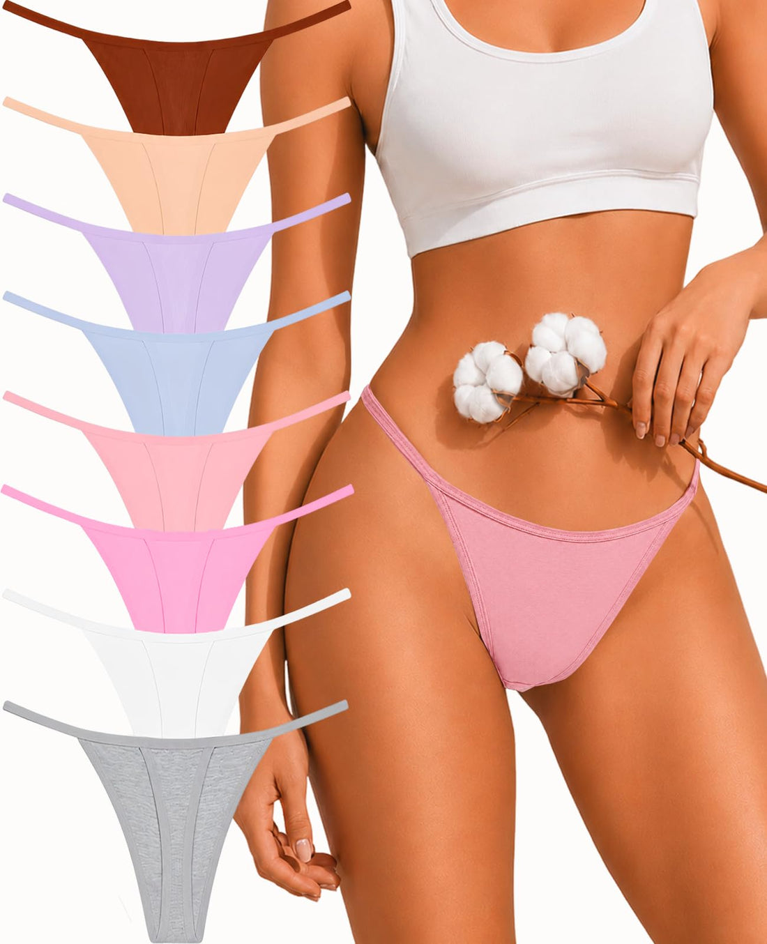 FINETOO 8 Pack Cotton Thongs for Women Sexy G-string Thong Underwear Seamless Low Rise Panties for Ladies Lingerie XS-XXL