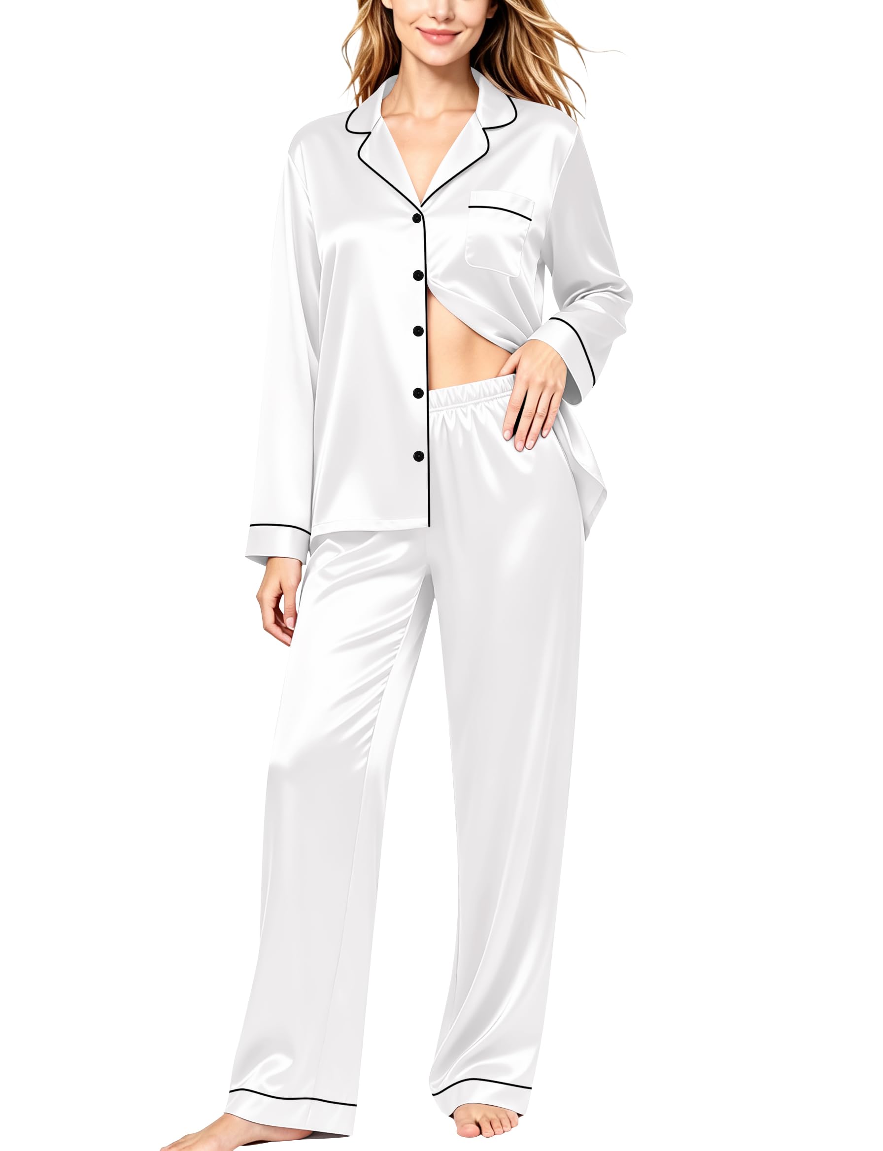 SWOMOG Womens Silk Satin Pajamas Set Long Sleeve Button Down Sleepwear 2 Piece Lounge Set Pj Set XS-3XL