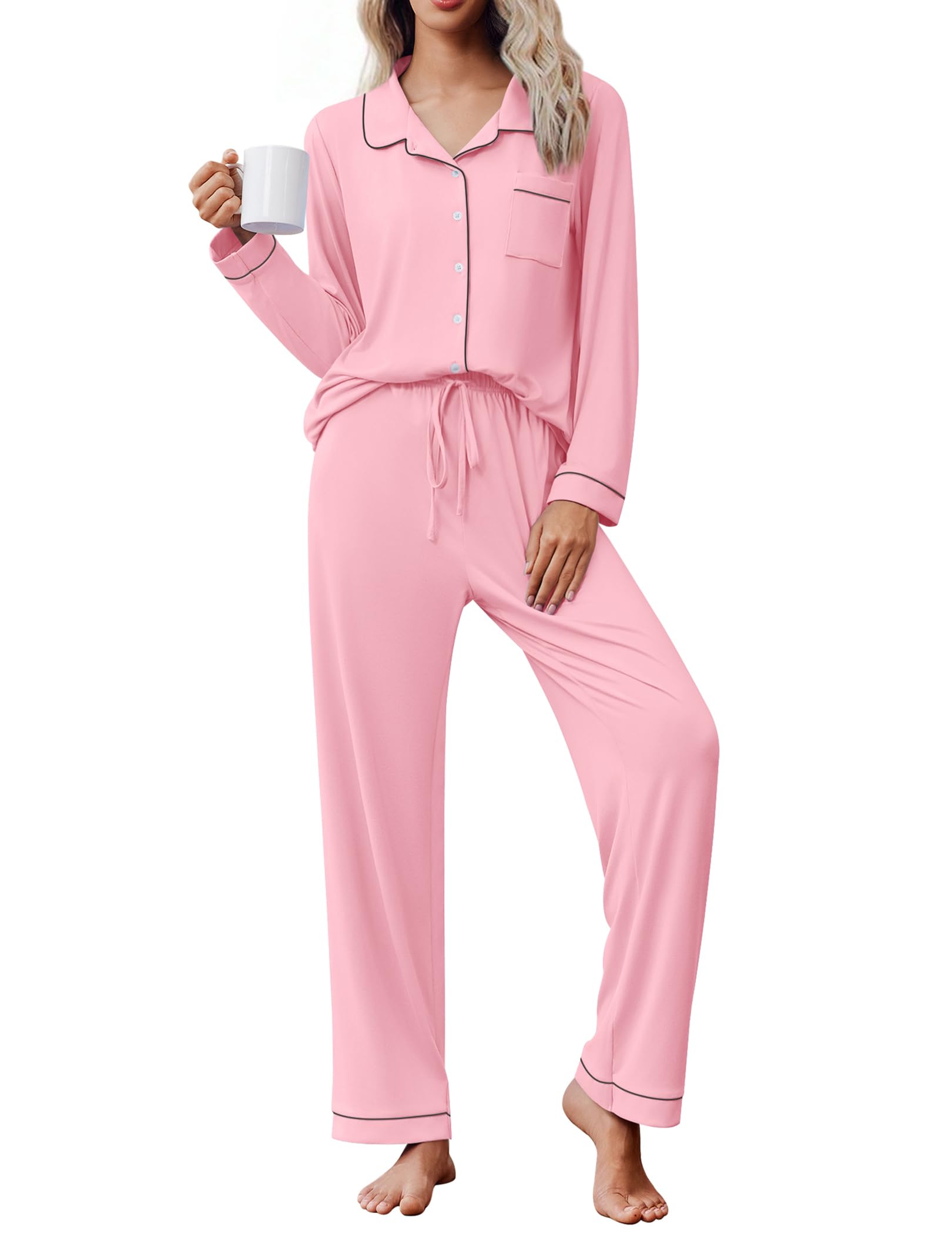 Ekouaer Women's Pajama Set Long Sleeve Lounge Set Soft Button Down Pjs