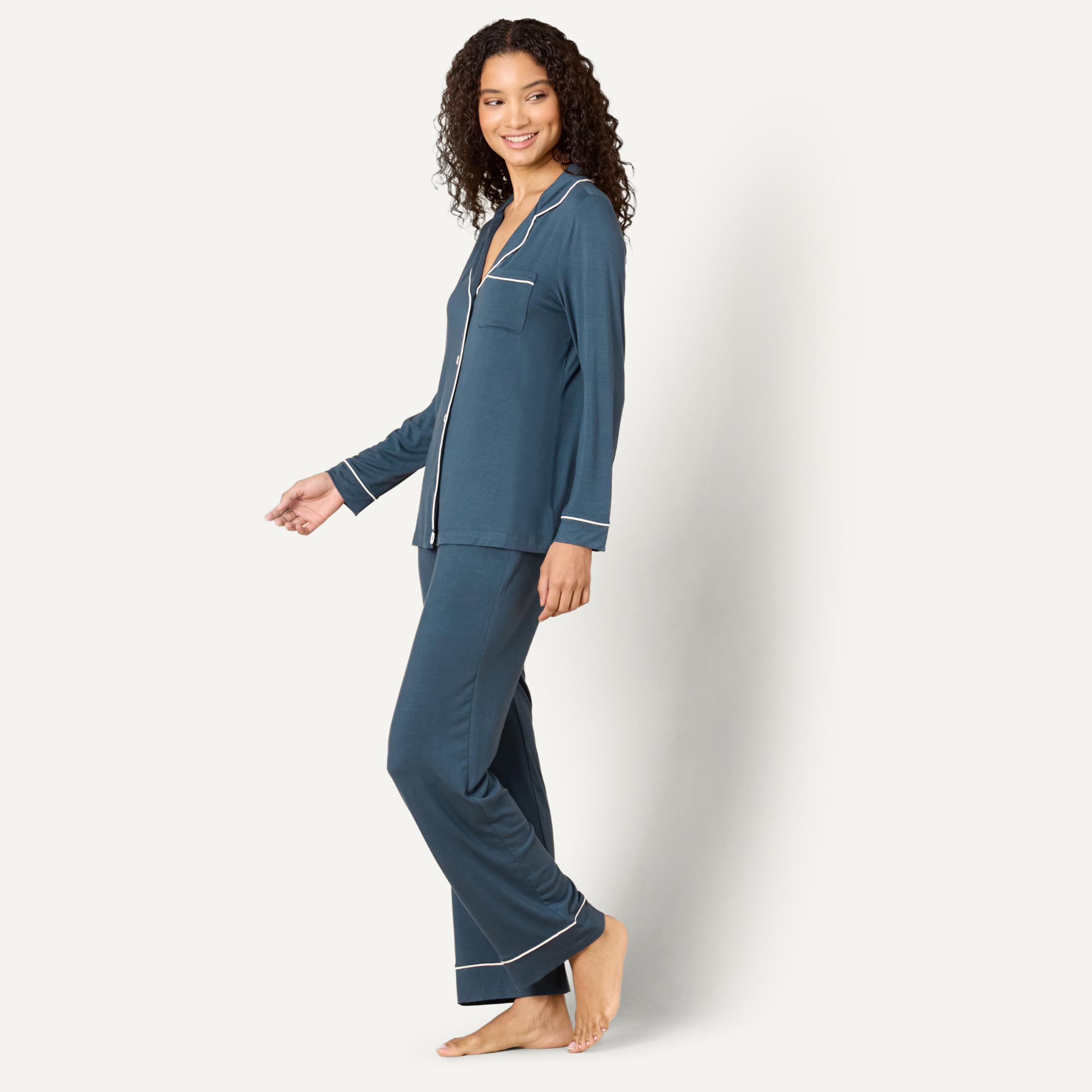 Amazon Essentials x Sofia Grainge Women's Stretch Modal Long-Sleeve Button-Front Top and Full-Length Bottom Pajama Set