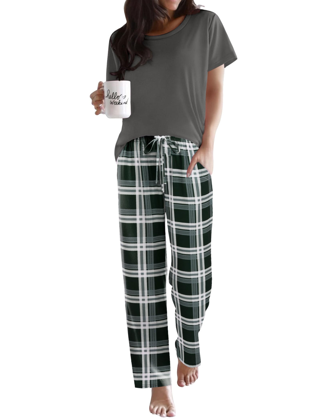 Ekouaer Womens Pajamas Sets Round Neck Pjs Loose Lounge Sets Sleepwear