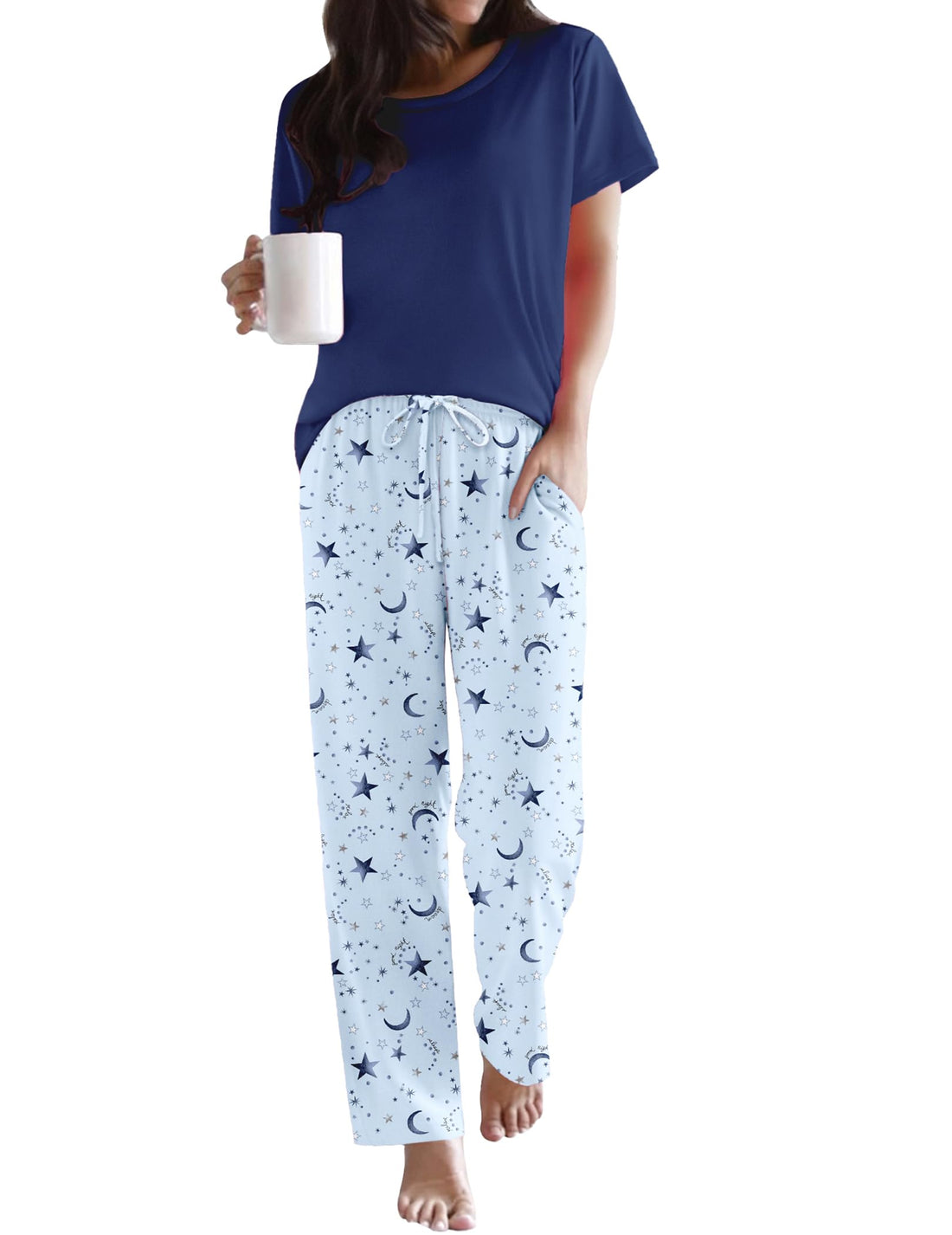 Ekouaer Womens Pajamas Sets Round Neck Pjs Loose Lounge Sets Sleepwear