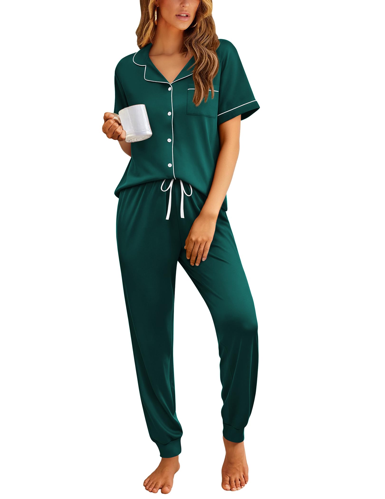 Ekouaer Women Pajama Set Short Sleeve Button Down Pjs with Jogger Pants
