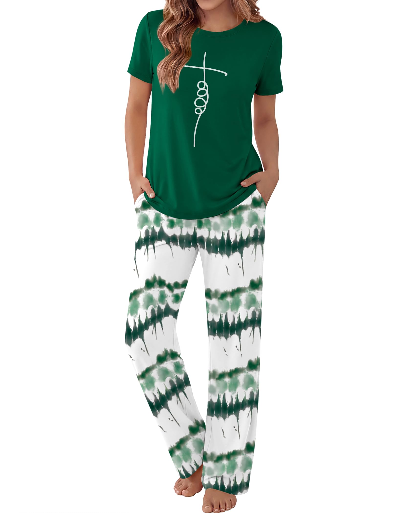Ekouaer Pajama Set for Women 2 Piece Pjs Short Sleeve Top and Printed Pants