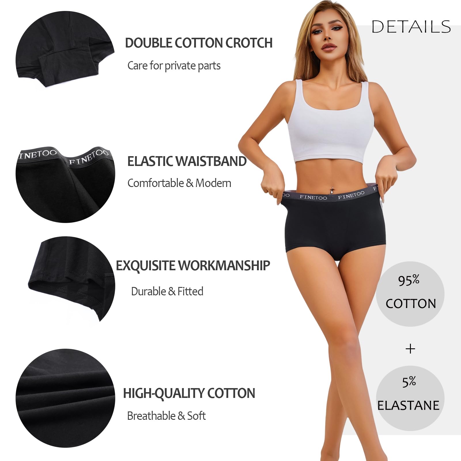 FINETOO Womens Cotton Boy Shorts Underwear Full Coverage Soft Boxer Briefs High Waisted Panties for Lady Girls 6 Pack