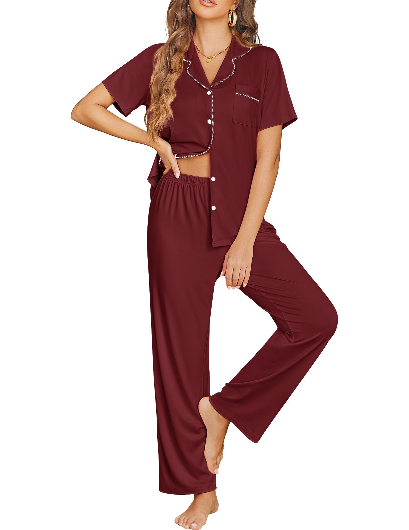Ekouaer Womens Pajama Sets Button Down Lounge Sets 2 Piece Short Sleeve Pjs