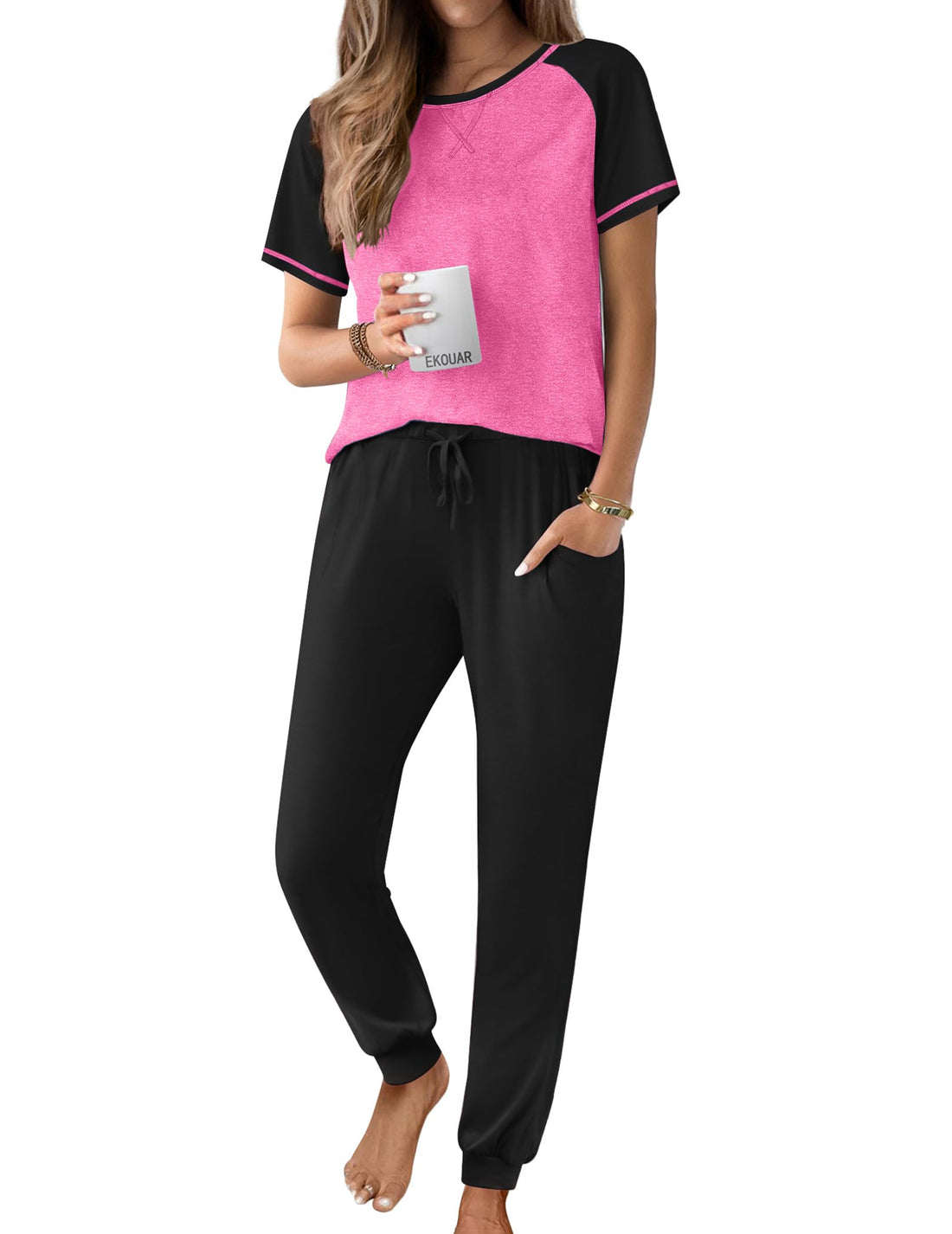 Ekouaer Pajamas for Women Set Short Sleeve PJ Set 2 Piece Jogger Pants