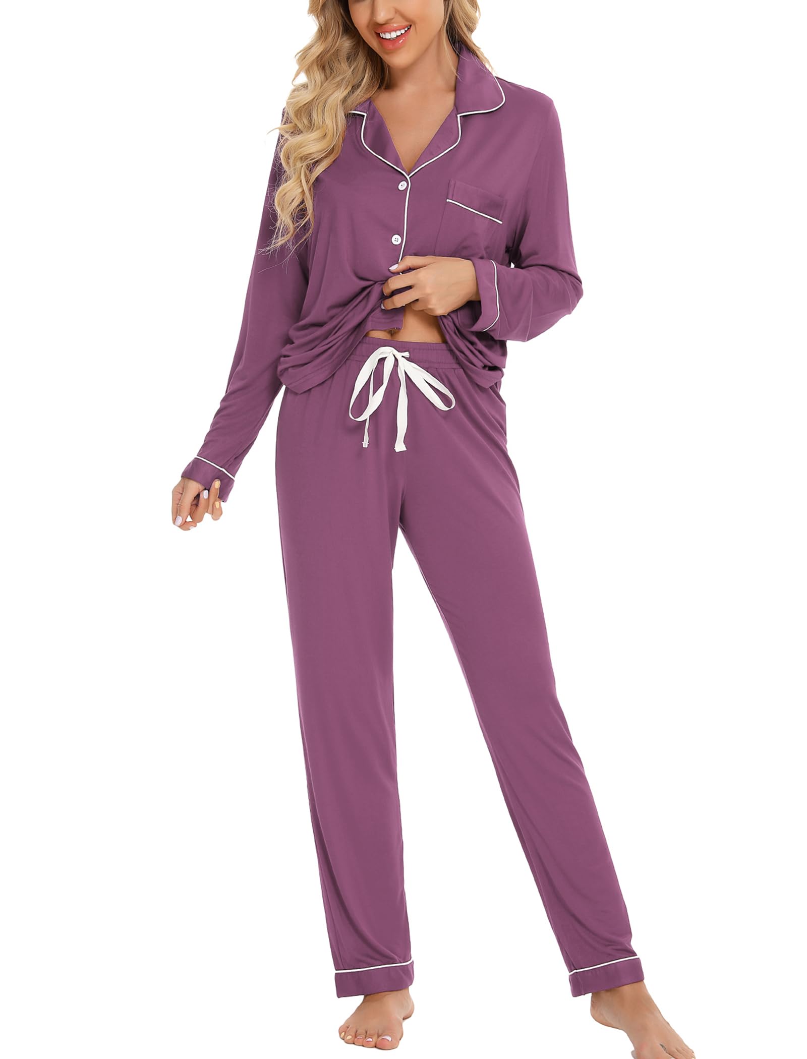 Leikar Button Up Pajamas For Women Long Sleeve Viscose Soft Pjs Lounge