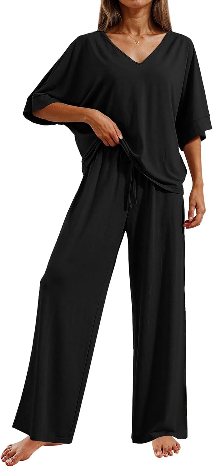 Ekouaer Pajama Sets Womens 2 Piece Short Sleeve Long Pants Pjs Lounge Set