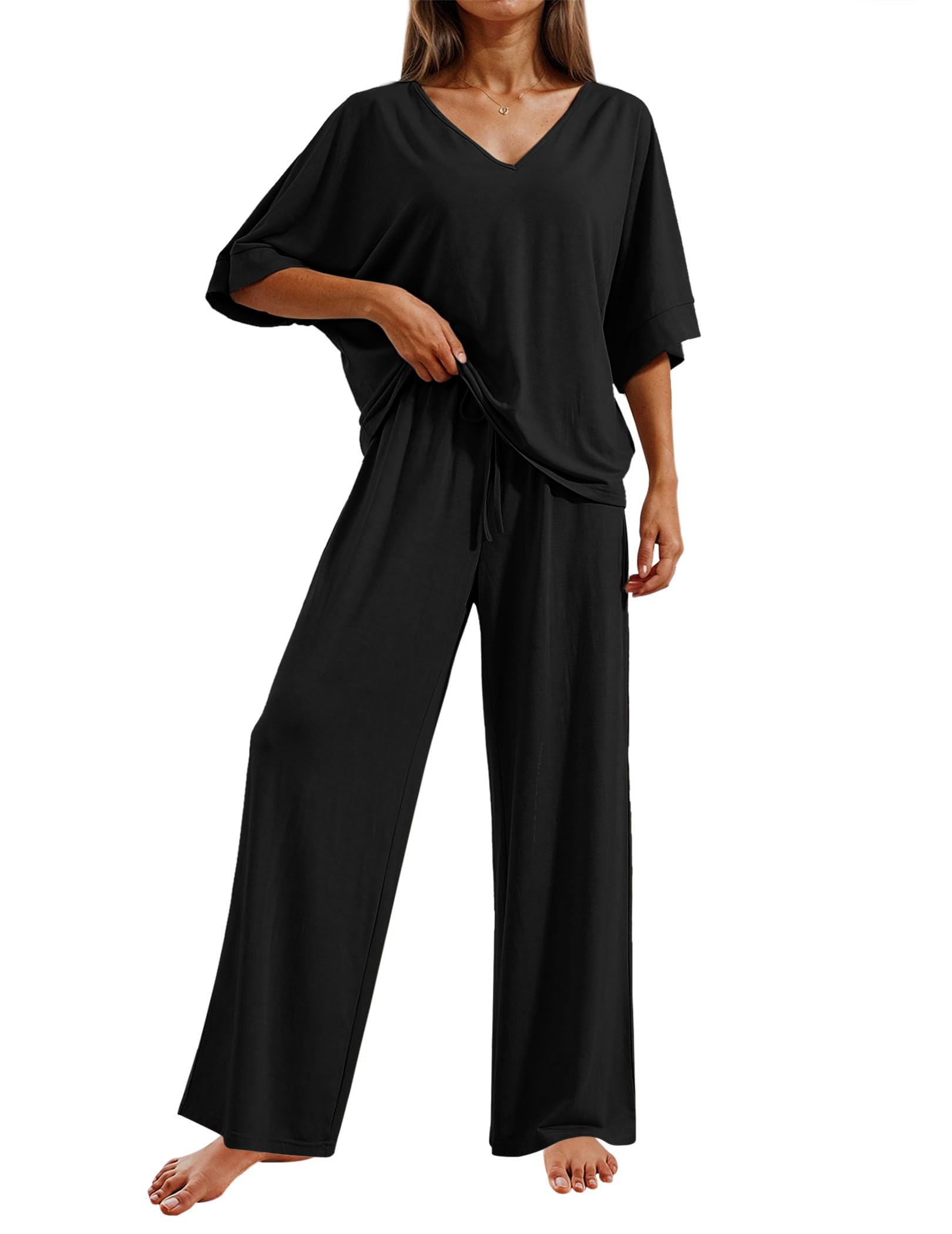 Ekouaer Pajama Sets Womens 2 Piece Short Sleeve Long Pants Pjs Lounge Set