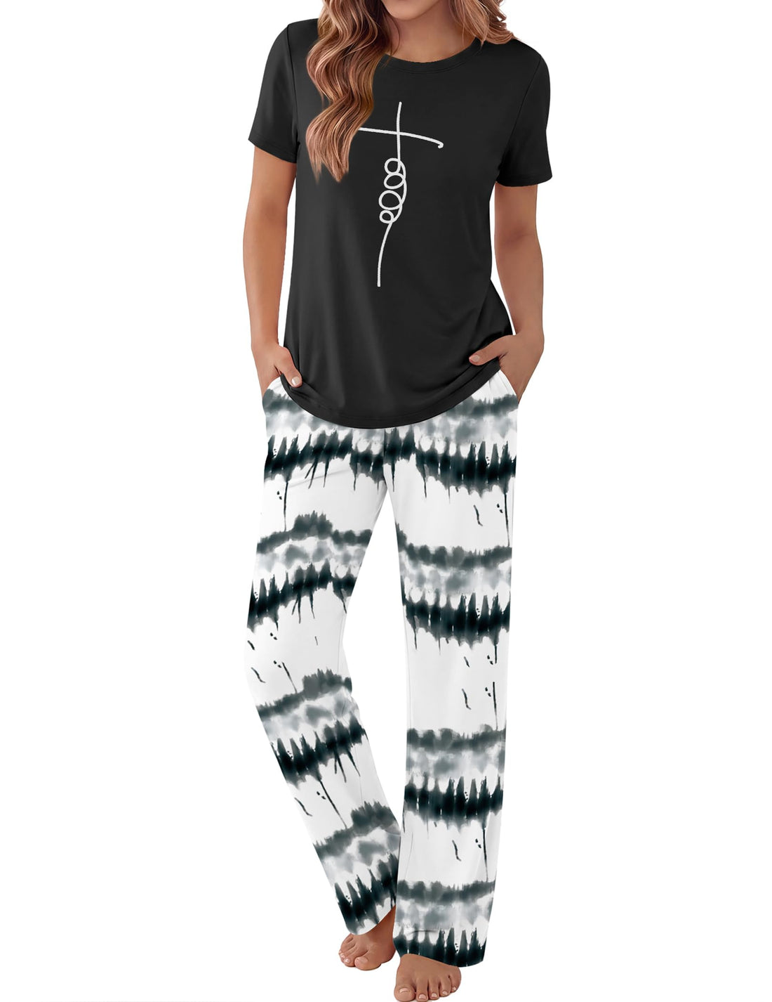 Ekouaer Pajama Set for Women 2 Piece Pjs Short Sleeve Top and Printed Pants