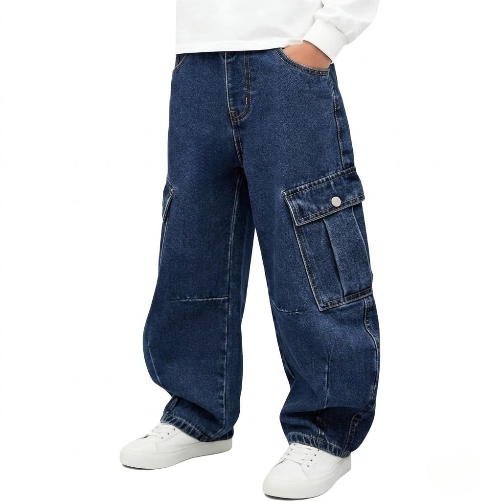 Baggy Jeans for Boys Cargo Jeans, Mid Rise Elastic Waist Multi-Pockets Denim Pants School Streetwear Size 8-12