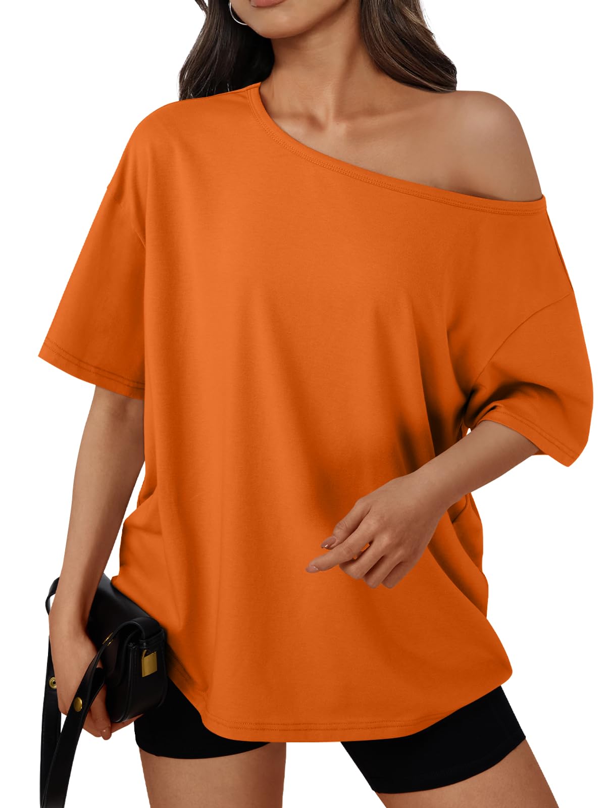 Trendy Queen Womens Off the Shoulder Tops Oversized Summer T-Shirts 2026 | Breathable comfort stretch fabric, short sleeve, basic oversized tees, casual workout gym, y2k going out clothes