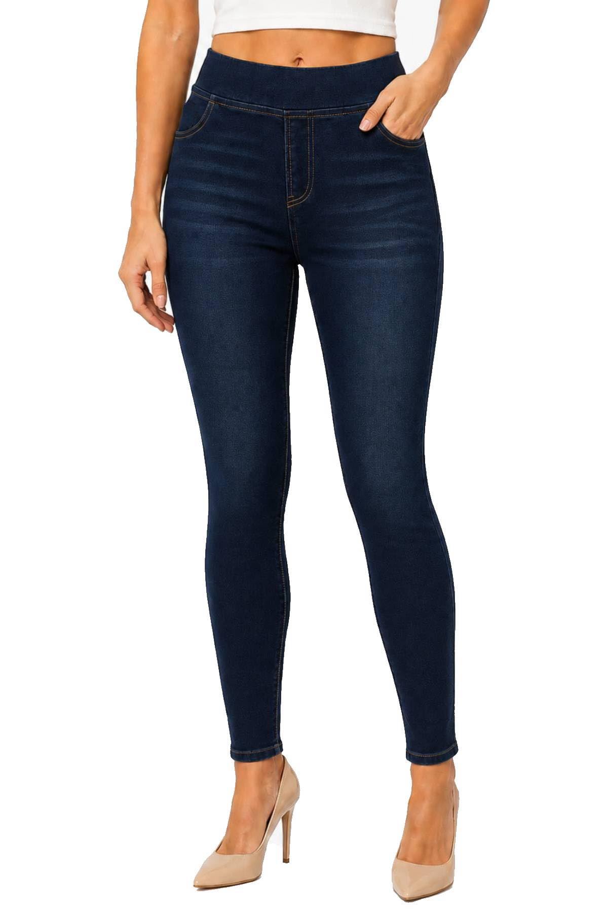 Jvini Women’s Stretch Denim Pull On Jeans with Pockets – Ripped Distressed Elastic Waist Jeggings Skinny Denim Pants