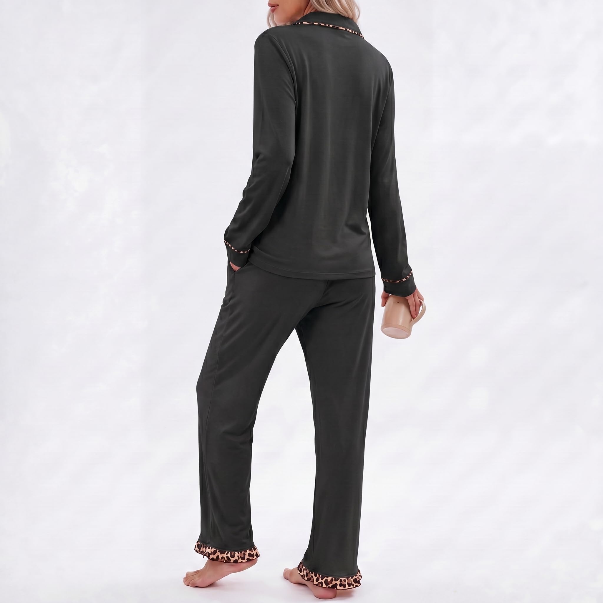 RONGTAI Women Summer Pjs Sets Long Sleeve Button Down Leopard Pajama Sets Ruffle Hem Loungeset Soft Sleepwear