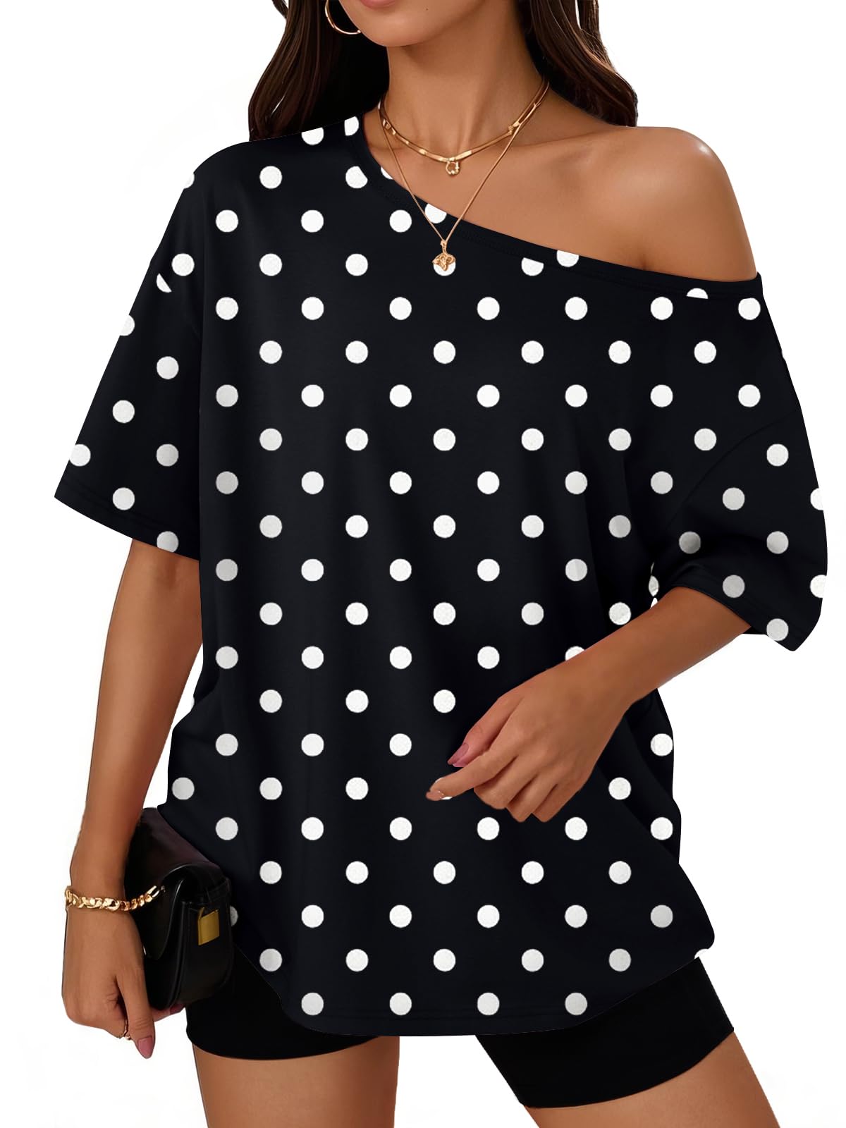 Trendy Queen Womens Off the Shoulder Tops Oversized Summer T-Shirts 2026 | Breathable comfort stretch fabric, short sleeve, basic oversized tees, casual workout gym, y2k going out clothes