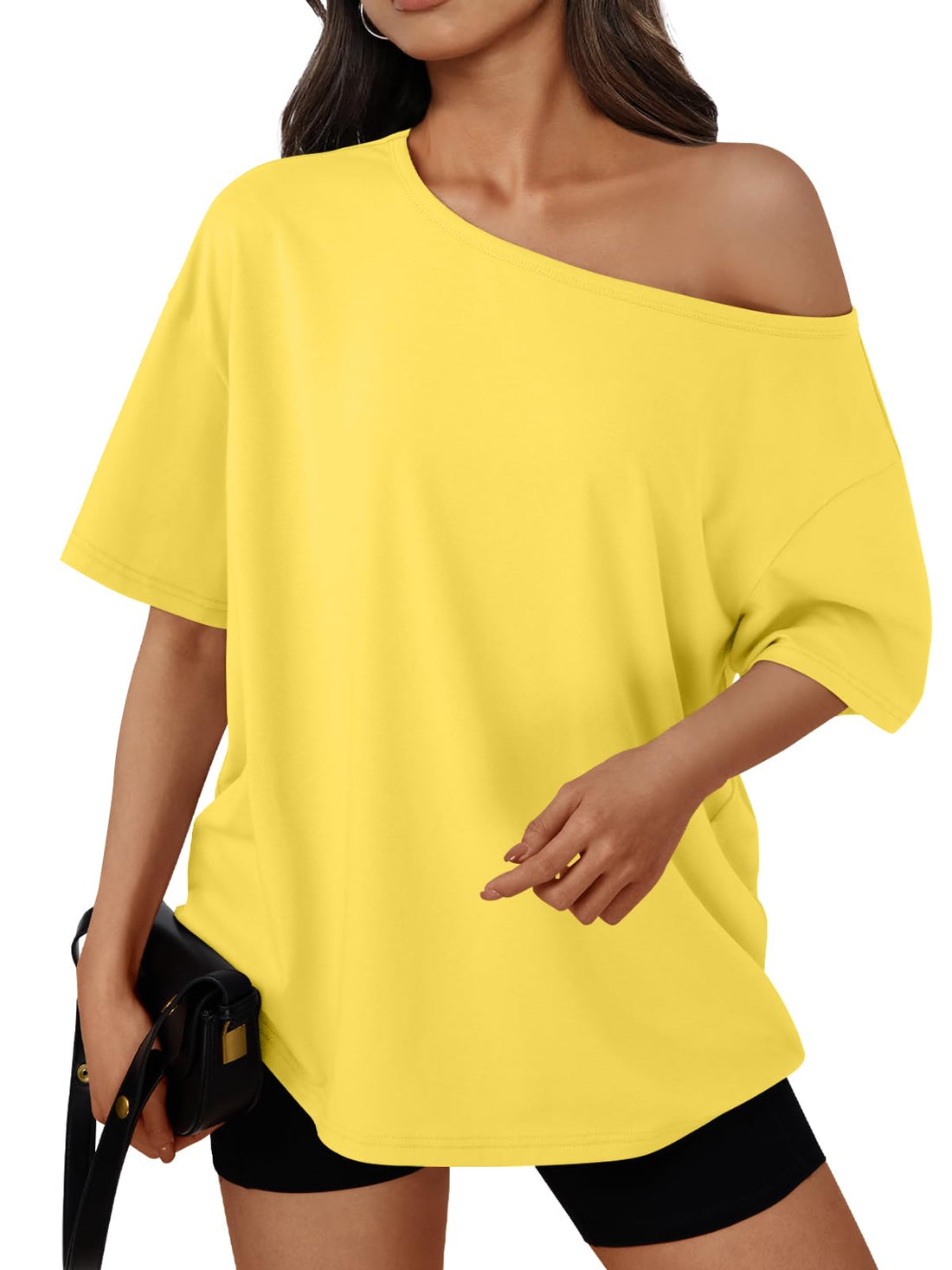 Trendy Queen Womens Off the Shoulder Tops Oversized Summer T-Shirts 2026 | Breathable comfort stretch fabric, short sleeve, basic oversized tees, casual workout gym, y2k going out clothes