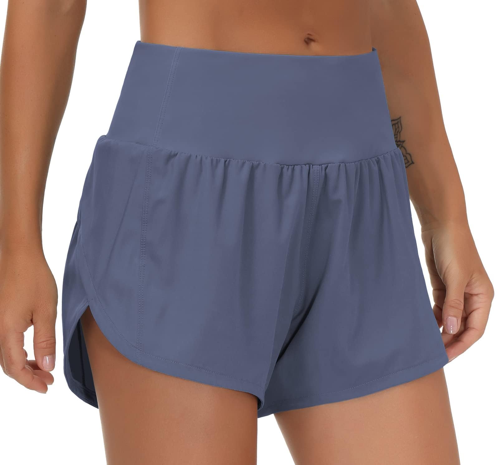THE GYM PEOPLE Women's High Waisted Running Shorts Quick Dry Workout Shorts | High Waist, Slim Fitted, Built-in Mesh Lined, Back Zipper Pockets, Lightweight, Breathable, Side Slit