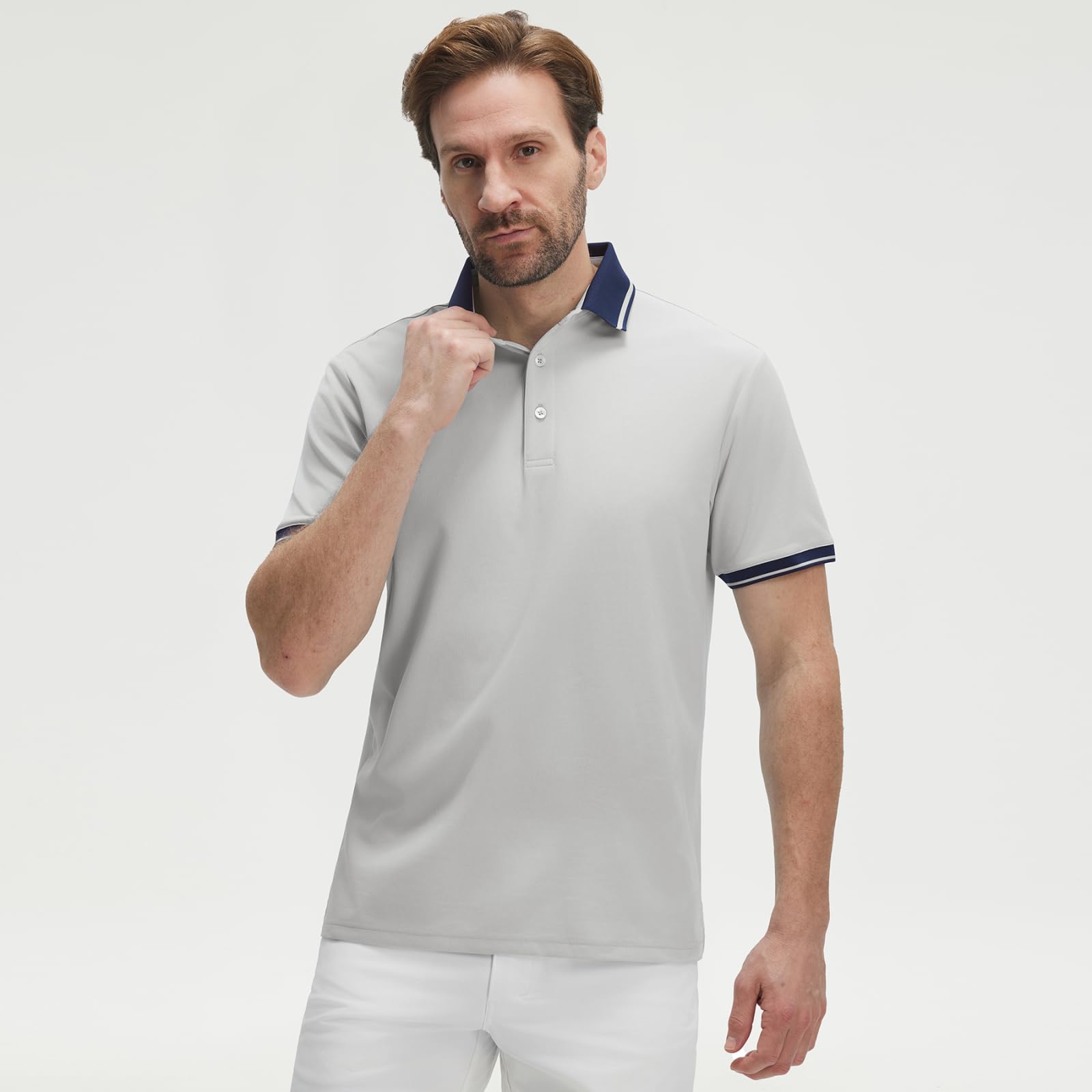 M MAELREG Golf Shirts for Men Short Sleeve with Contrast Collar & Cuffs Performance Dry Fit Stretch Solid Casual Polo Shirts