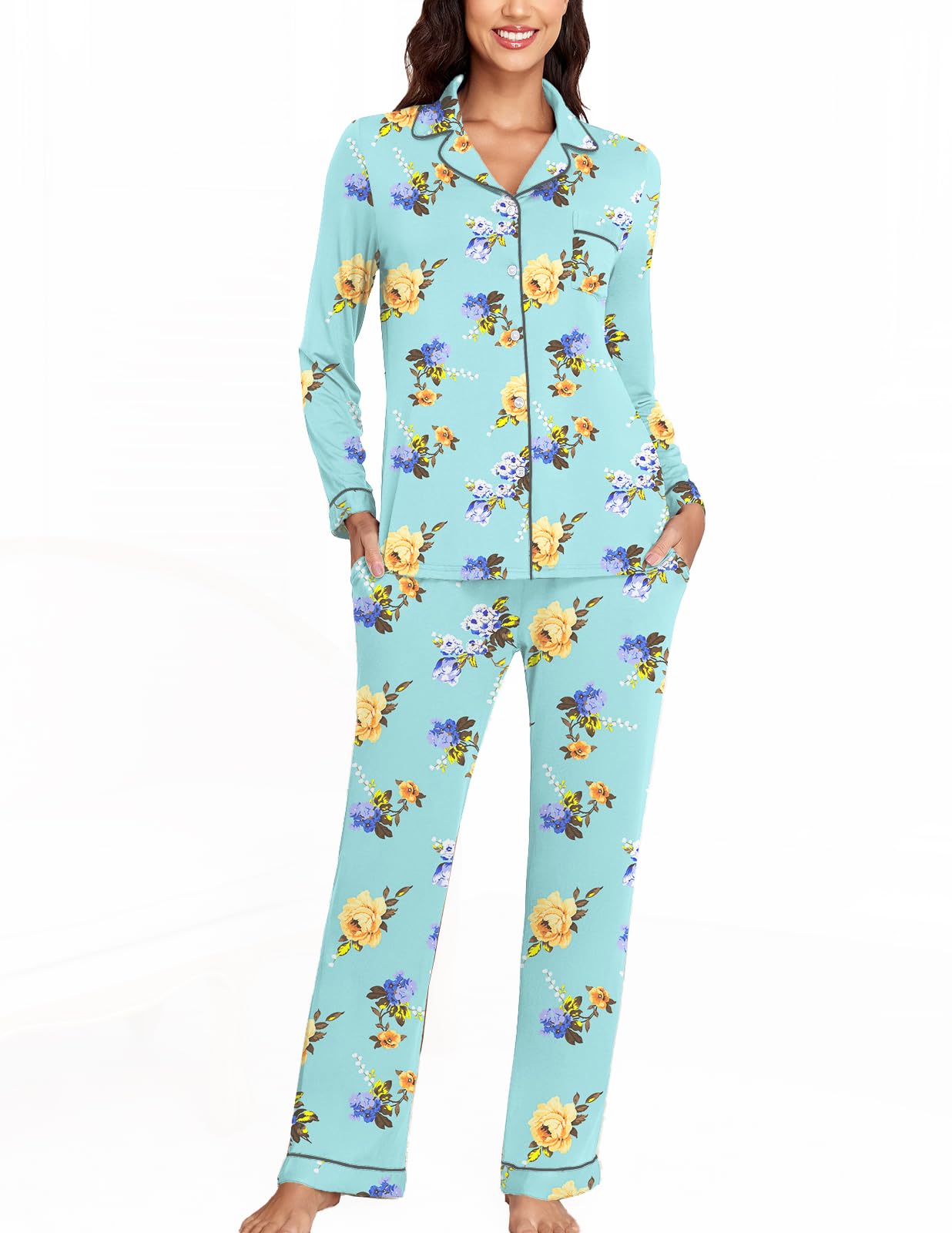 Veseacky Women's Ribbed Knit Pajamas Set 2 Piece Warm Soft Loungewear Sleepwear Pjs S-XXL