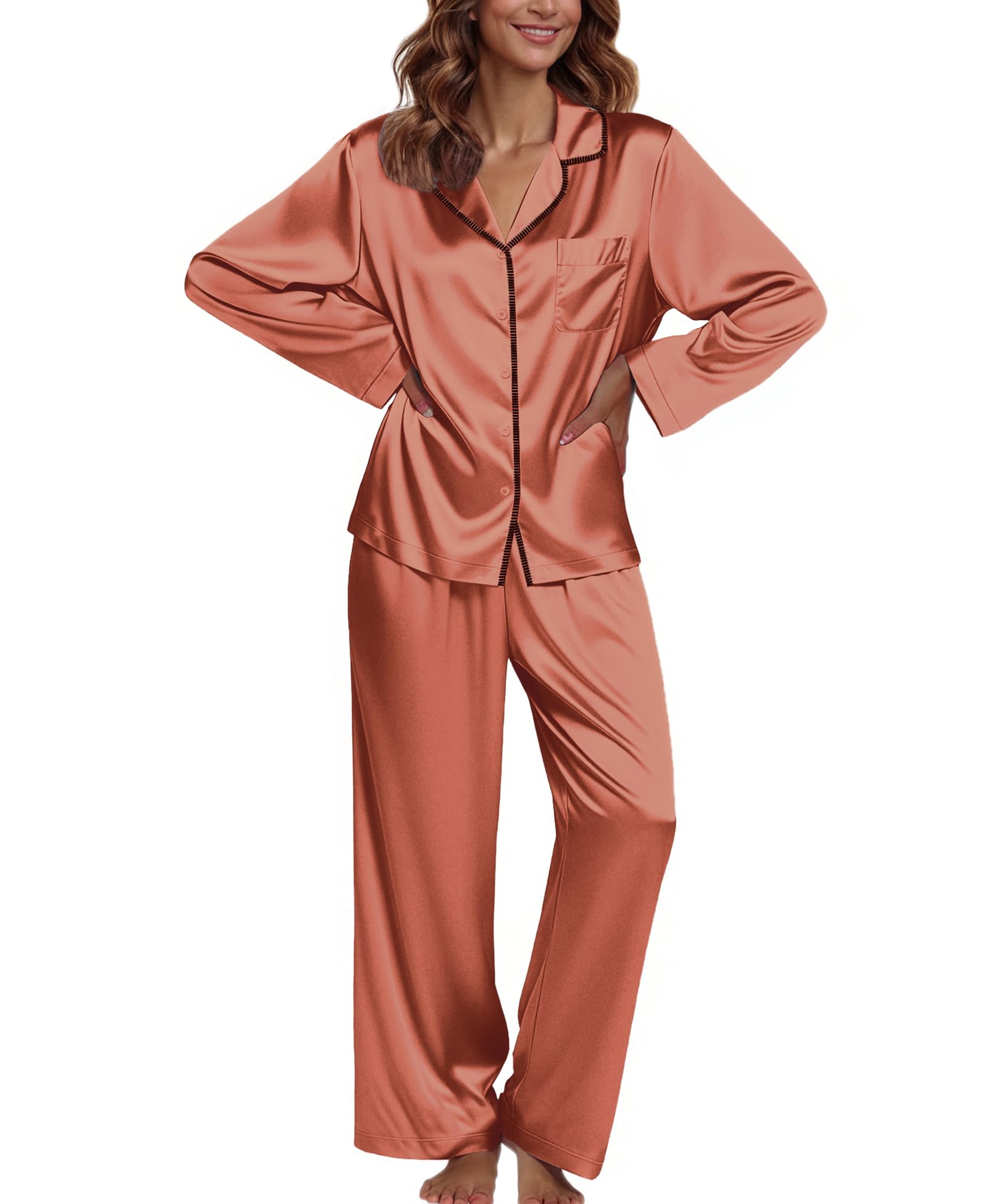 Ekouaer Pajamas For Women Silk Pjs Long Sleeve Button Down Lounge Sets