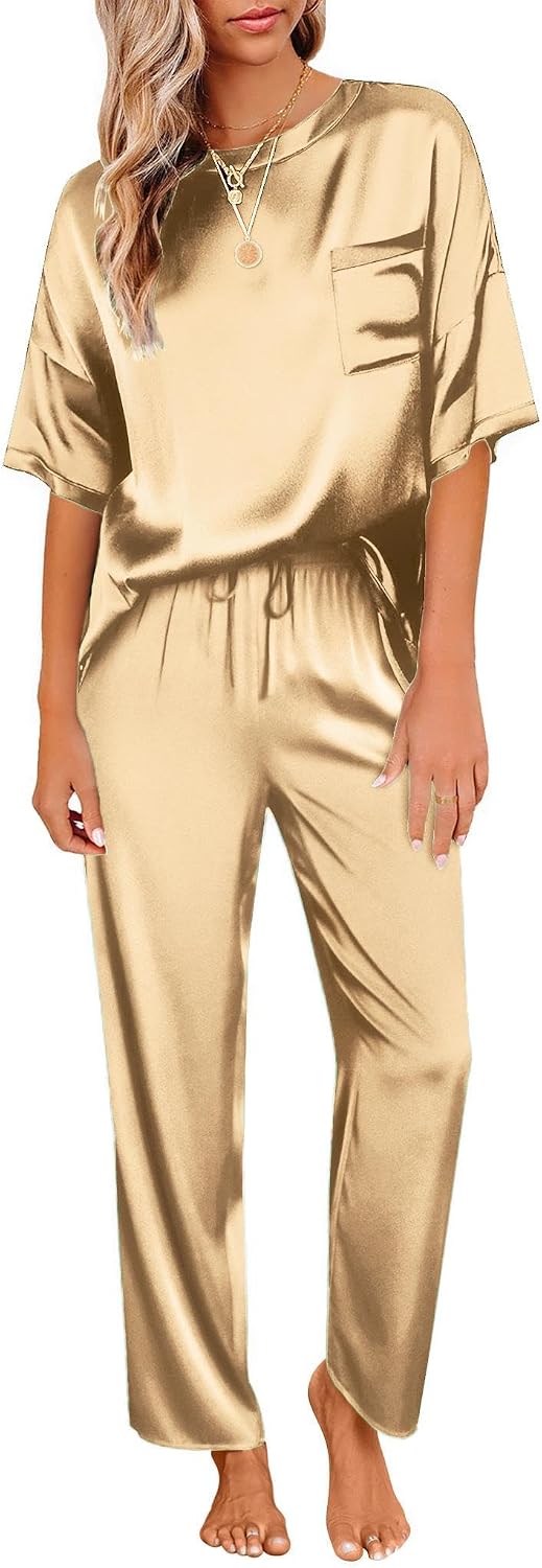 Ekouaer Pajamas for Women Set Silky Satin 2 Piece Lounge Sets with Pockets
