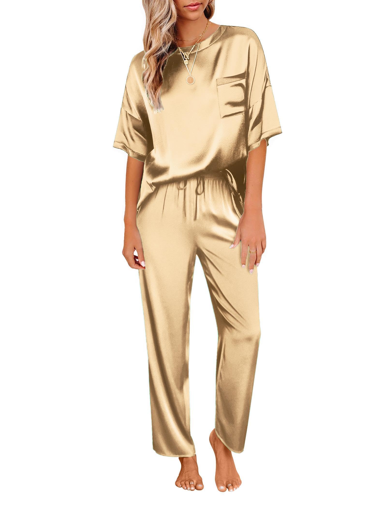 Ekouaer Pajamas for Women Set Silky Satin 2 Piece Lounge Sets with Pockets