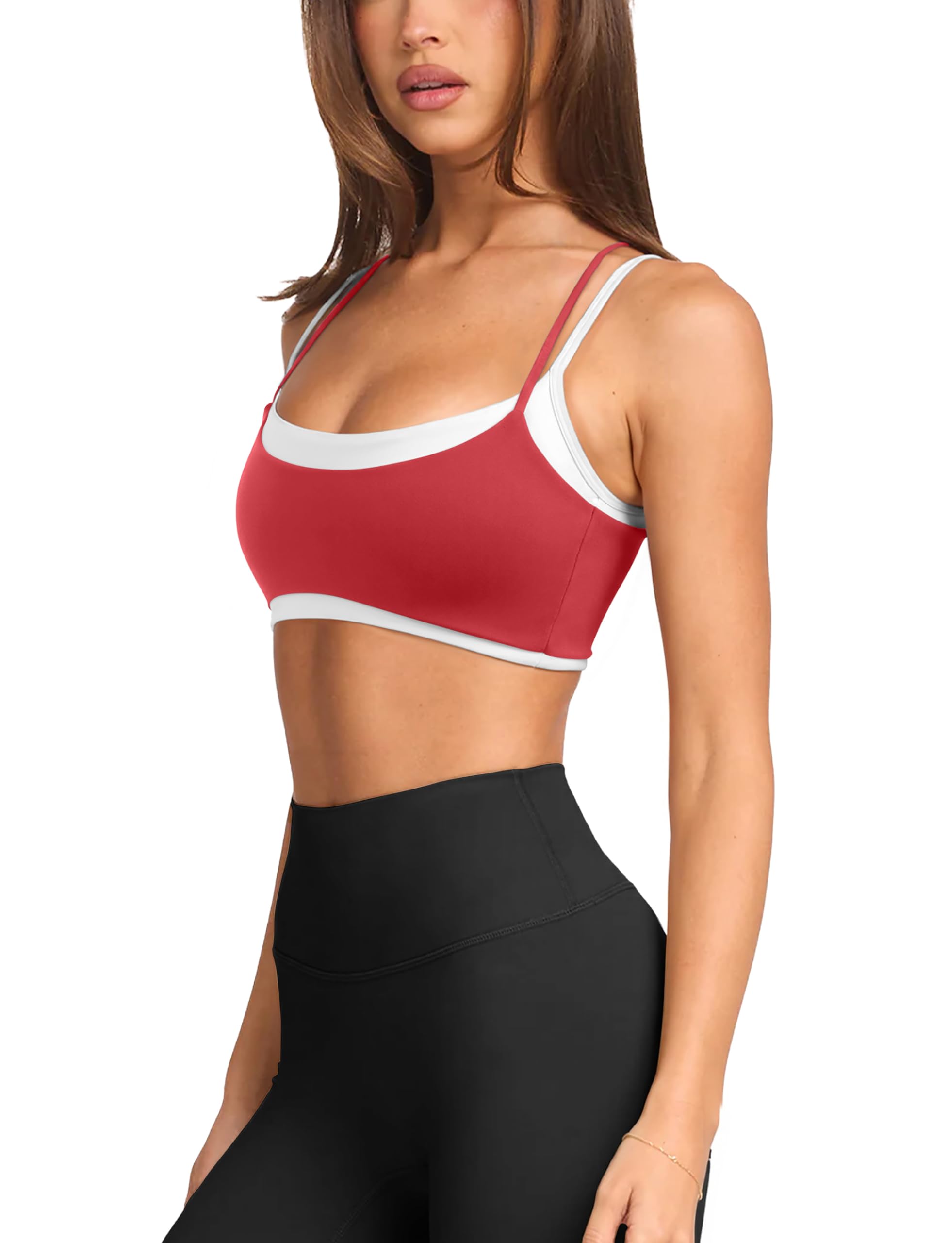 LASLULU Womens Double Layered Sports Bra Adjustable Spaghetti Straps Sexy Scoop Neck Wireless Padded Workout Yoga Crop Tops
