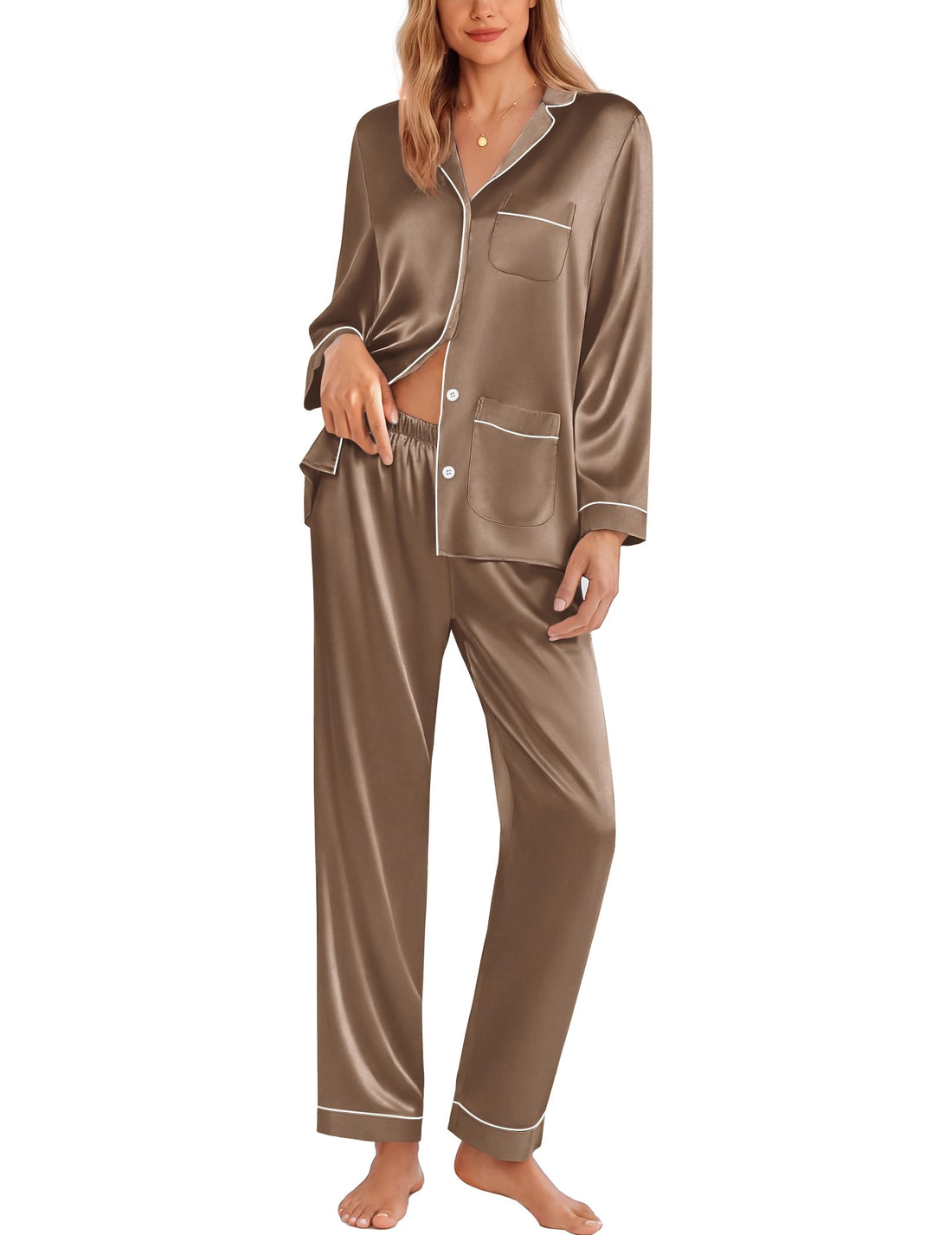 Ekouaer Pajamas for Women Silk Satin Button Down Long Sleeve Pajama Sets