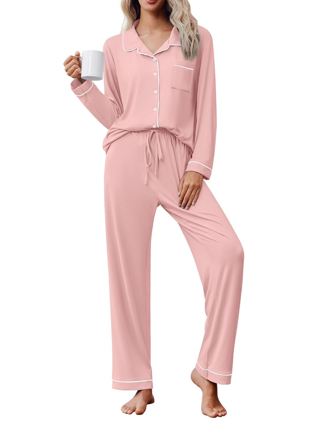 Ekouaer Women's Pajama Set Long Sleeve Lounge Set Soft Button Down Pjs